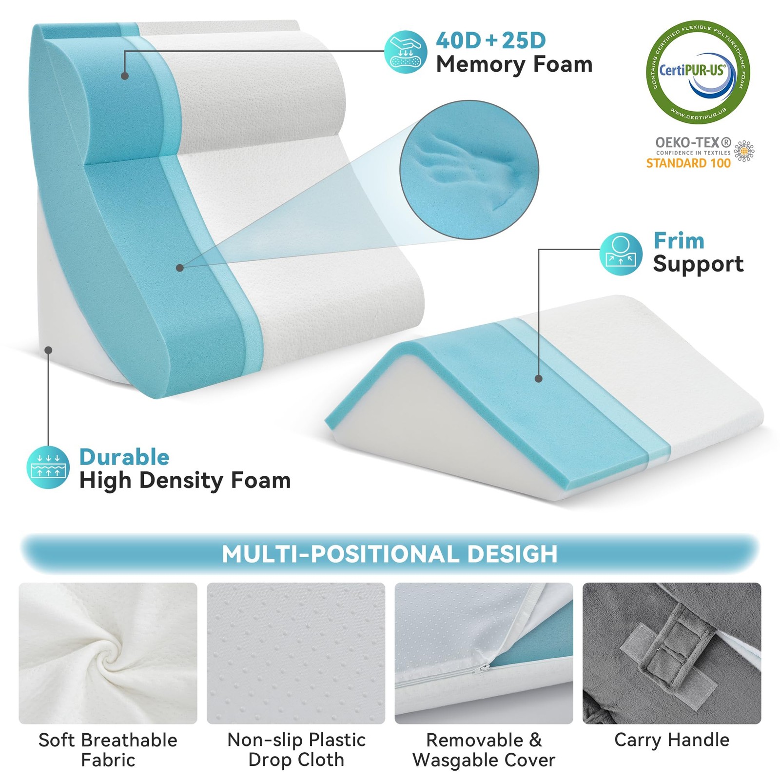 Kingfun 4PCS Orthopedic Bed Wedge Pillow Set for Sleeping, 4 Piece Set, White