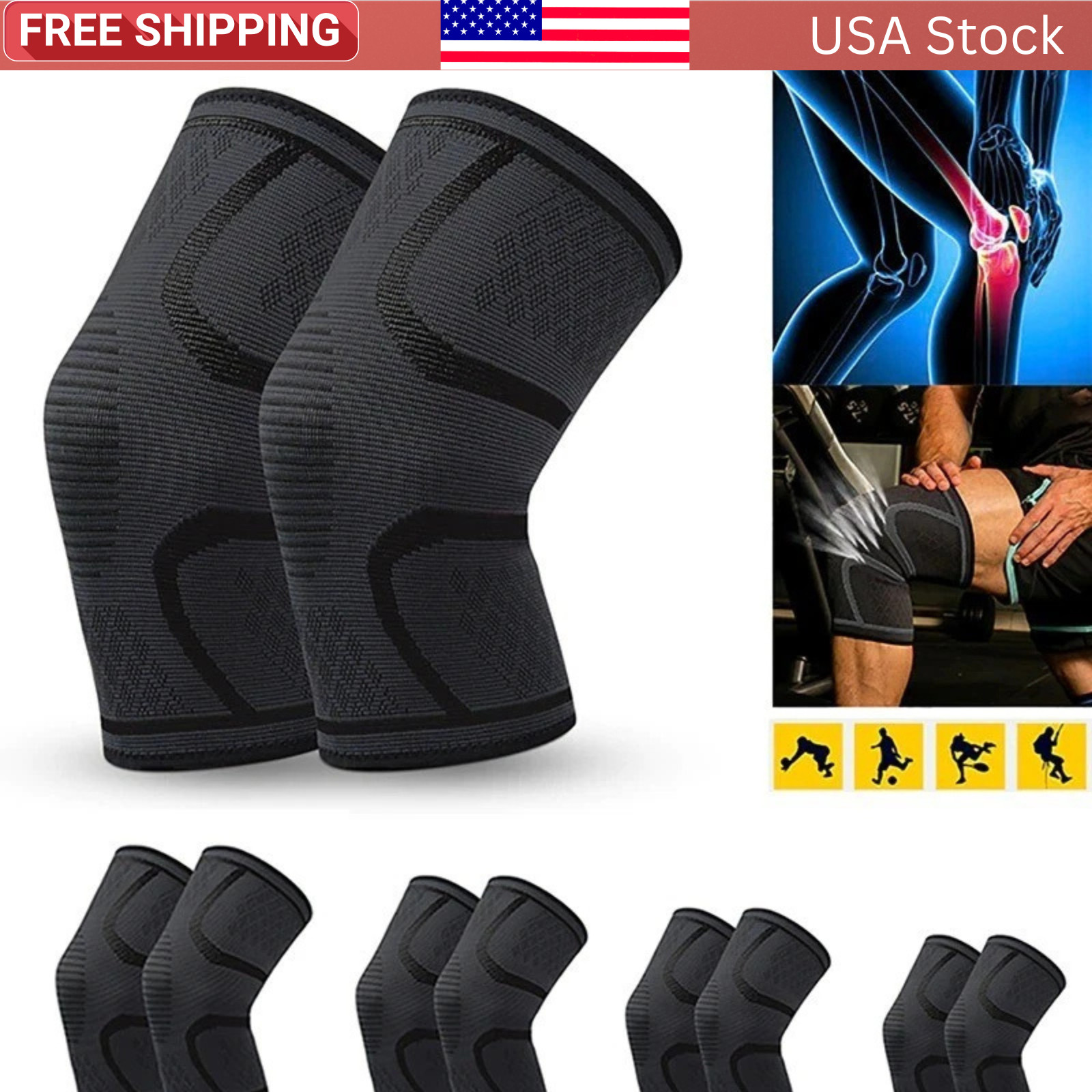 2 Pack Knee Compression Sleeves Brace Support for Men Women Arthritis Running