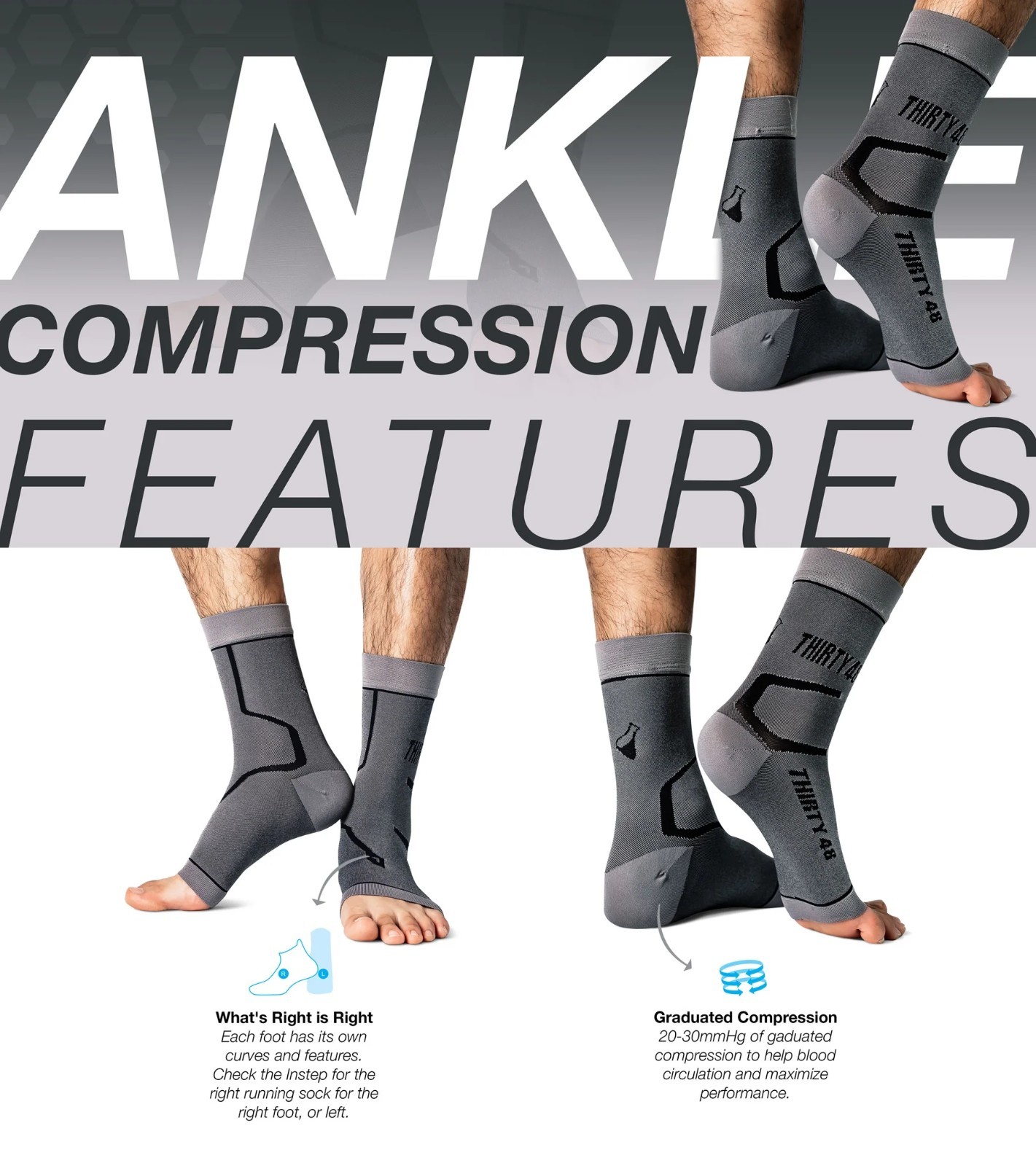 2 Pairs THIRTY48 – Ankle Compression Socks Gray Unisex Medium Plantar Fasciitis