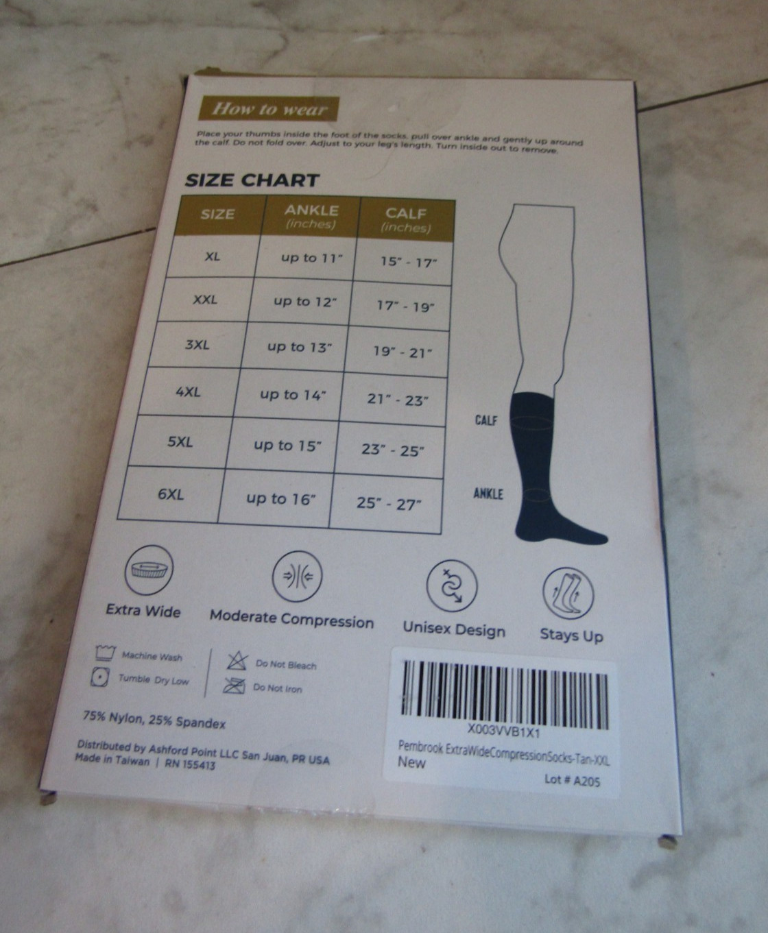 NIB Pembrook Black Classic Compression Socks Unisex 1 Pair Size XXL