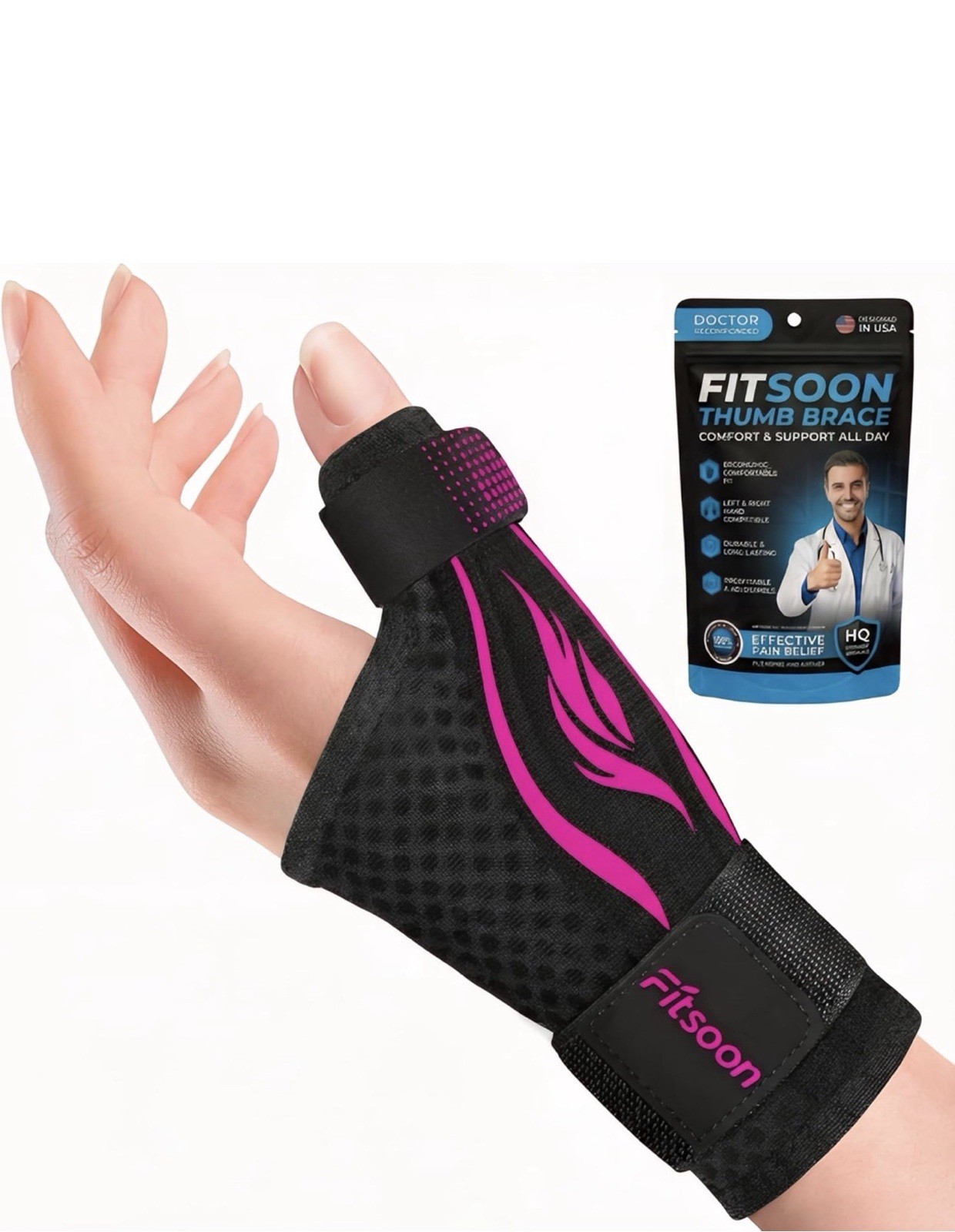 FitSoon Thumb Brace Adjustable Thumb/Wrist Support Splint Black/Pink S/M L/XL
