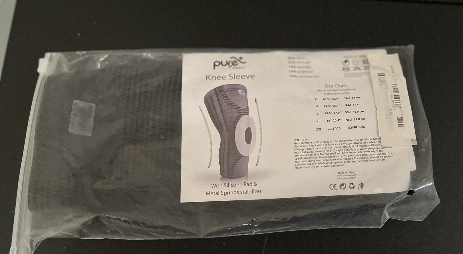 Pure Support Brand Knee Sleeve, XXL, w/ Silicone Pad & Metal Springs Stabilizer
