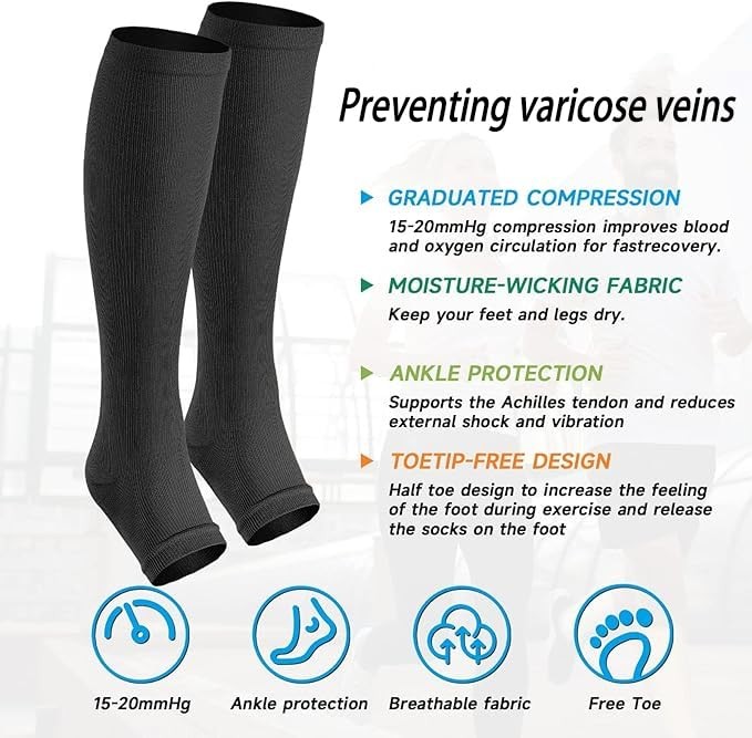 Open Toe Compression Socks Women & Men-2 Pairs 15-20 mmHg Knee High Stockings…