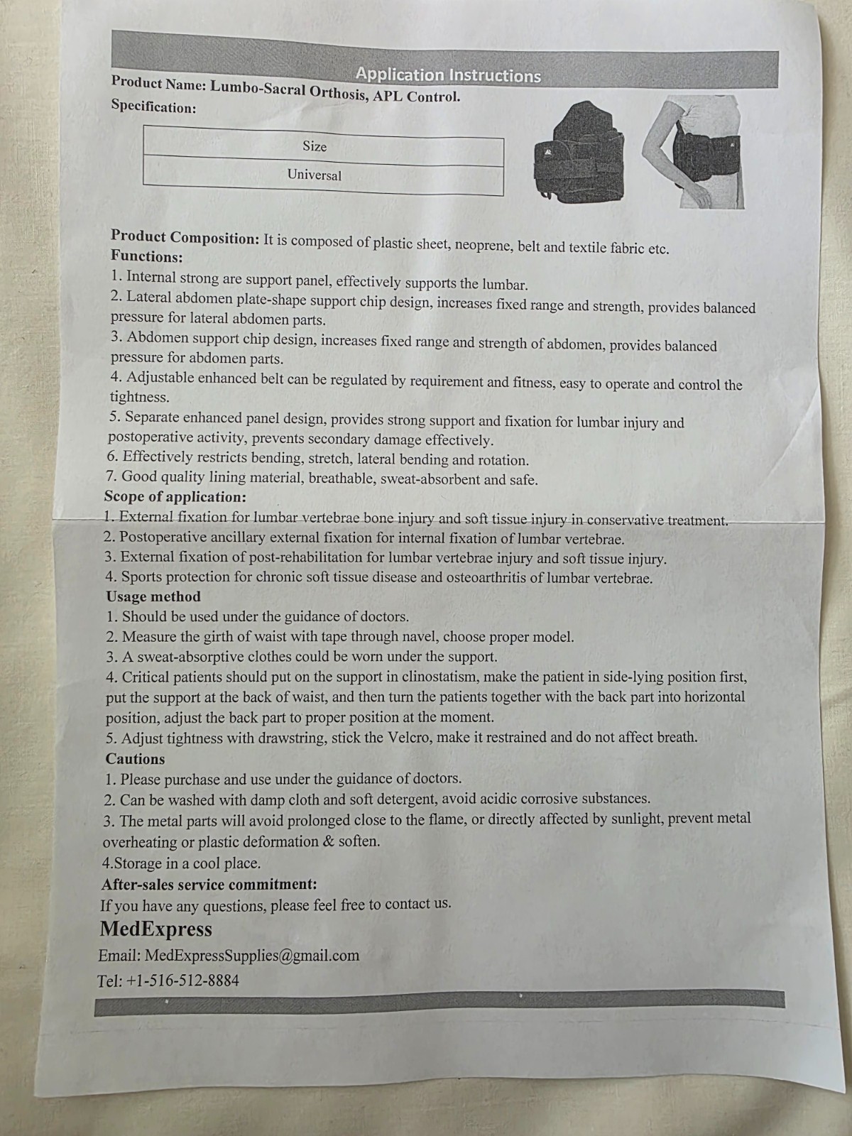 1 – LUMBO-SACRAL ORTHOSIS, APL CONTROL BACK BRACE -UNIVERSAL ~ NEW