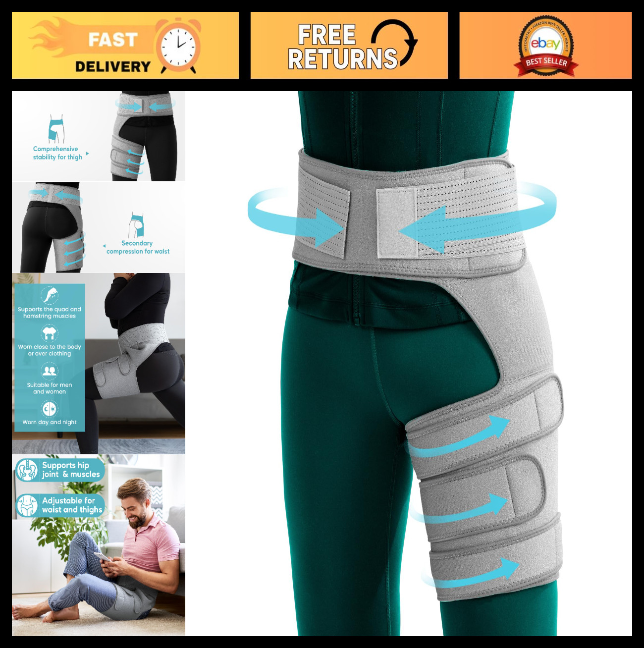 Adjustable Hip Brace for Sciatica Pain Relief, Compression Sleeve for Thigh & Gr