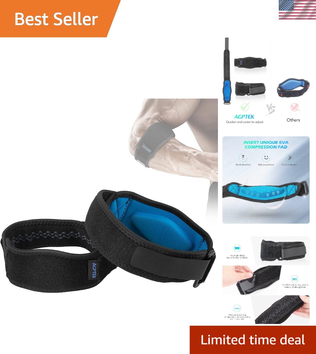 Adjustable Elbow Support Strap for Tennis & Golfers – 2PCS with Anti-Slip Design