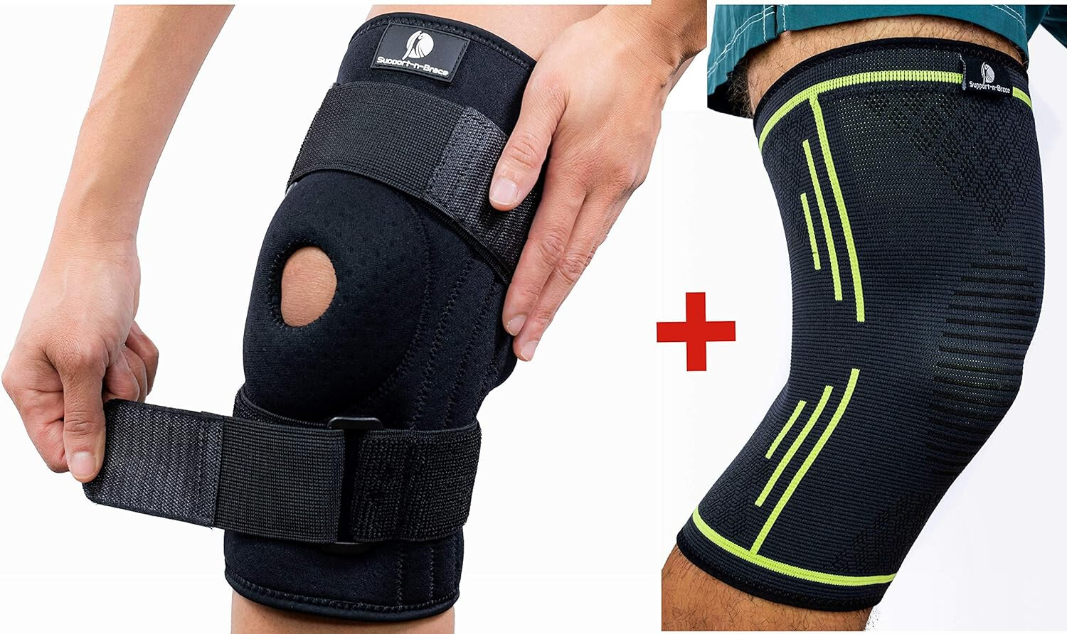 2pcs Knee Brace + Compression Knee Sleeve Pads Wrap Pain Protector Stabilizer, M