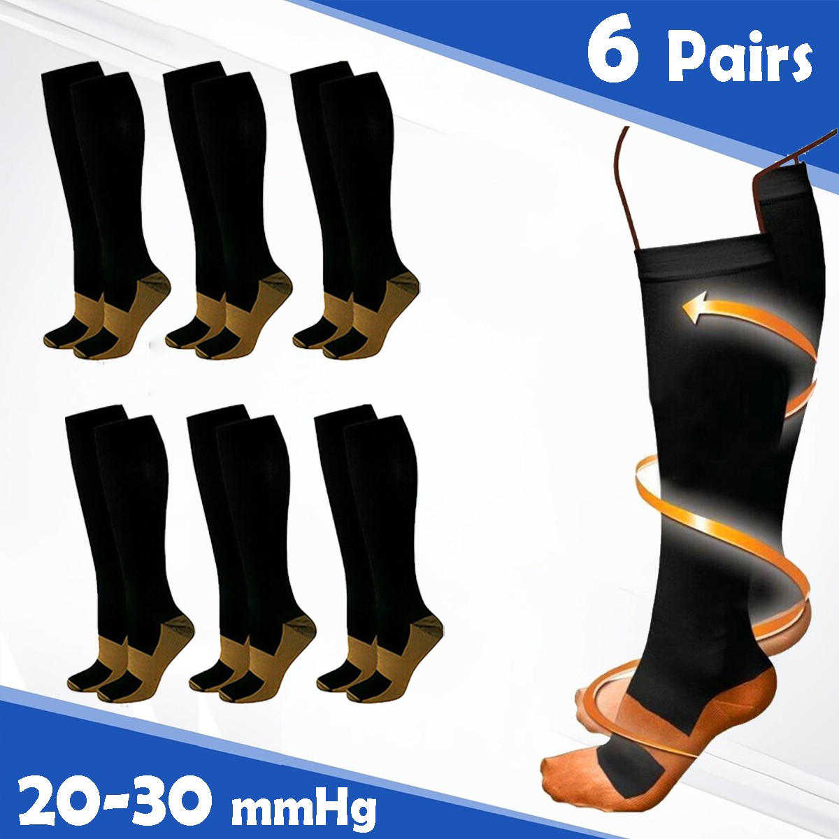 6-PAIR Unisex Copper Compression Socks 20-30mmHg Graduated Support For Men Women