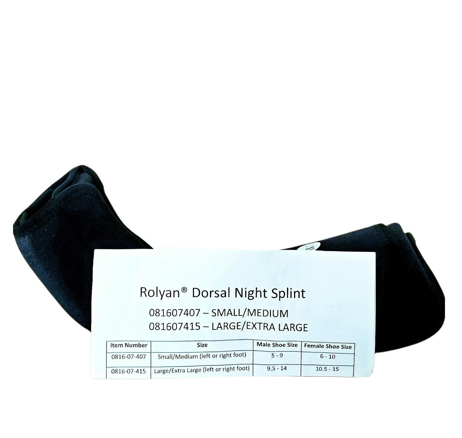 Rolyan Dorsal Night Splint Ankle Splint for Arch Discomfort Black Size L/XL New
