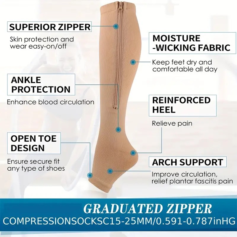 1/3Pair Zipper Compression Socks 15-20 mmHg for Varicose Vein Open Toe Sox Edema