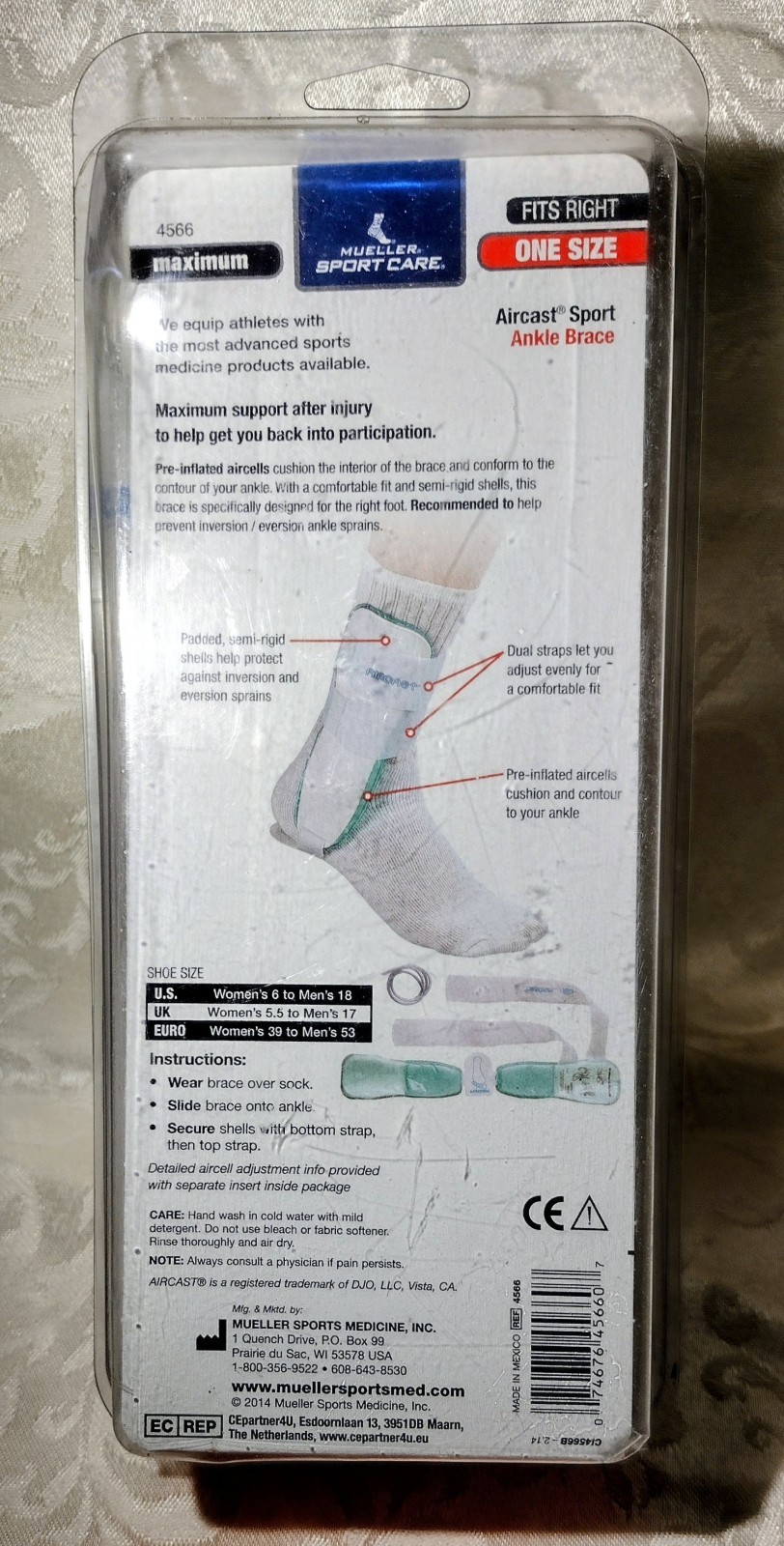Mueller Aircast Sport Ankle Brace 4566 Maximum Support Right Foot One Size NEW