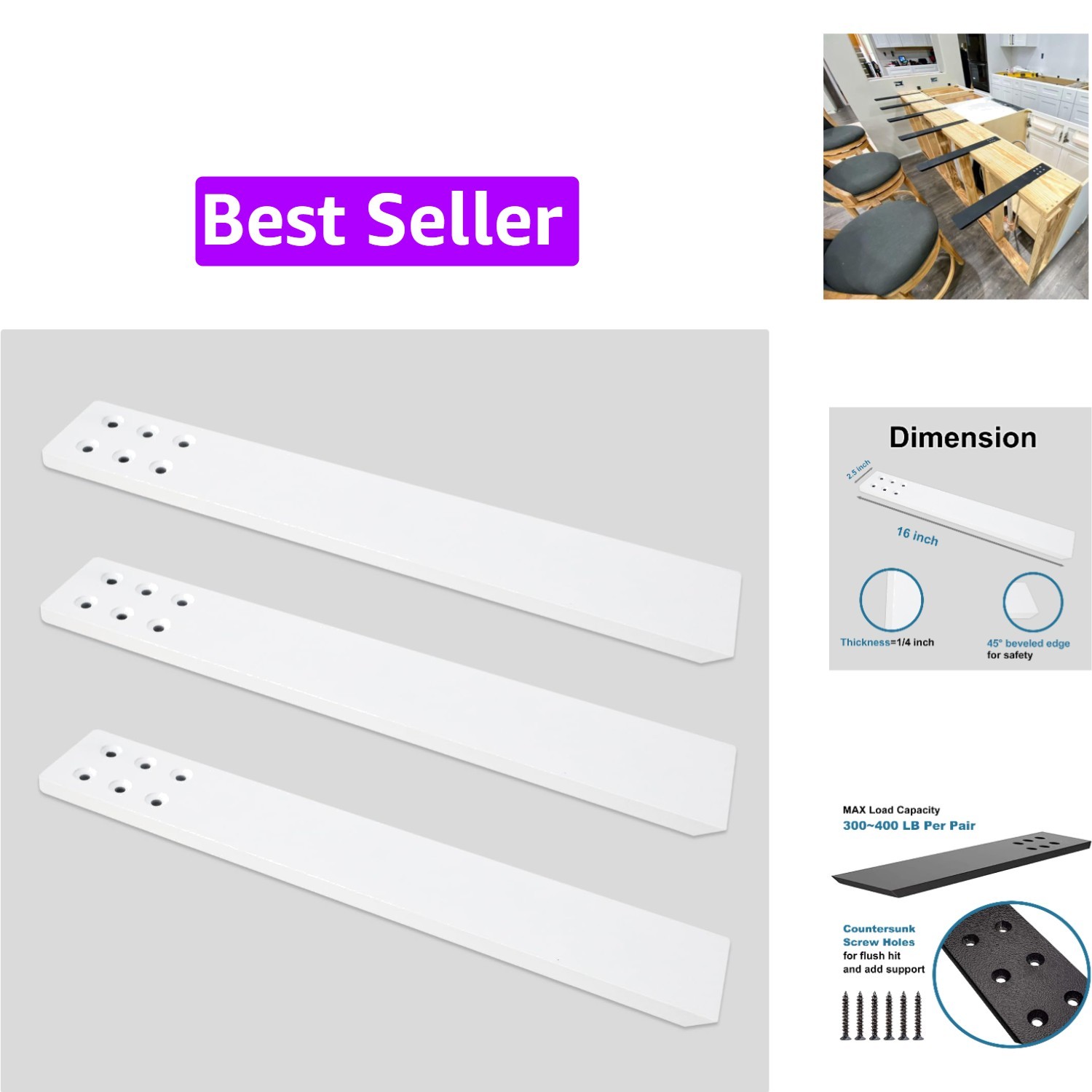 Countertop Support Bracket 3 Pack 16″ Lx 2.5″ W Hidden White Knee Wall Suppor…