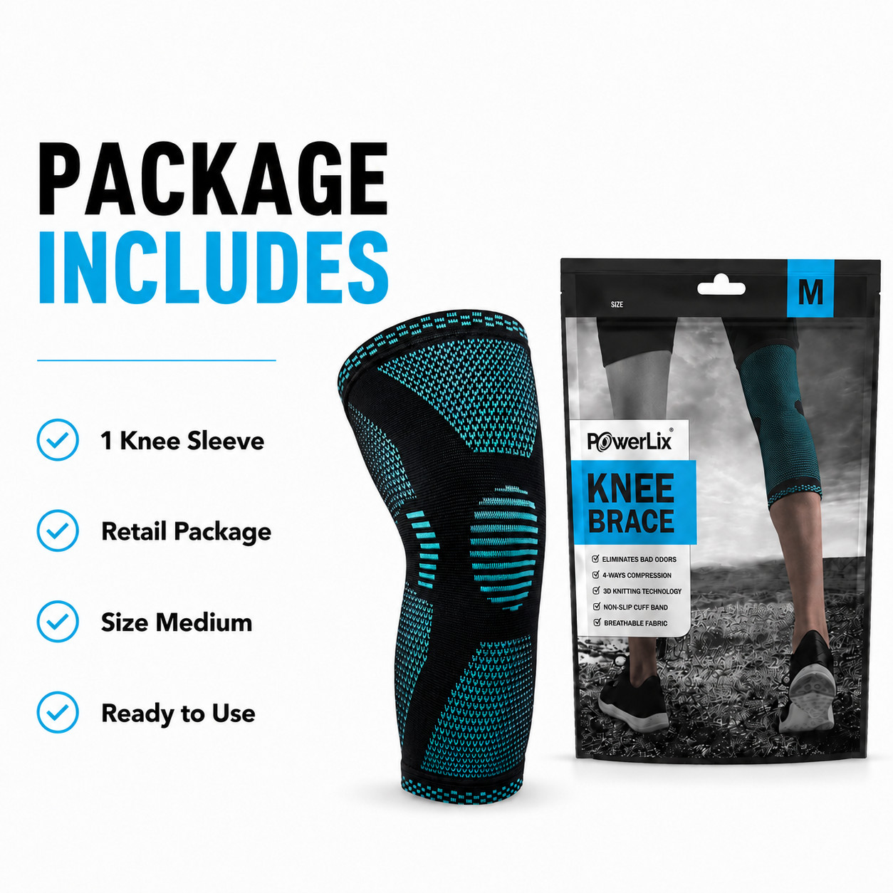 POWERLIX Knee Brace Compression Sleeve Support Men Women Running Gym Medium Teal