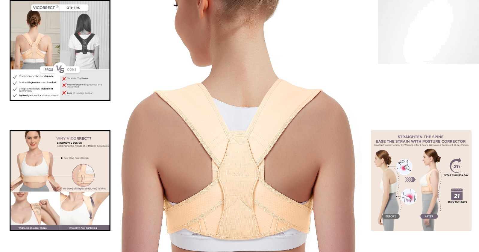 Comfortable Upper Back Brace for Better Posture – Adjustable Beige Support, L/XL