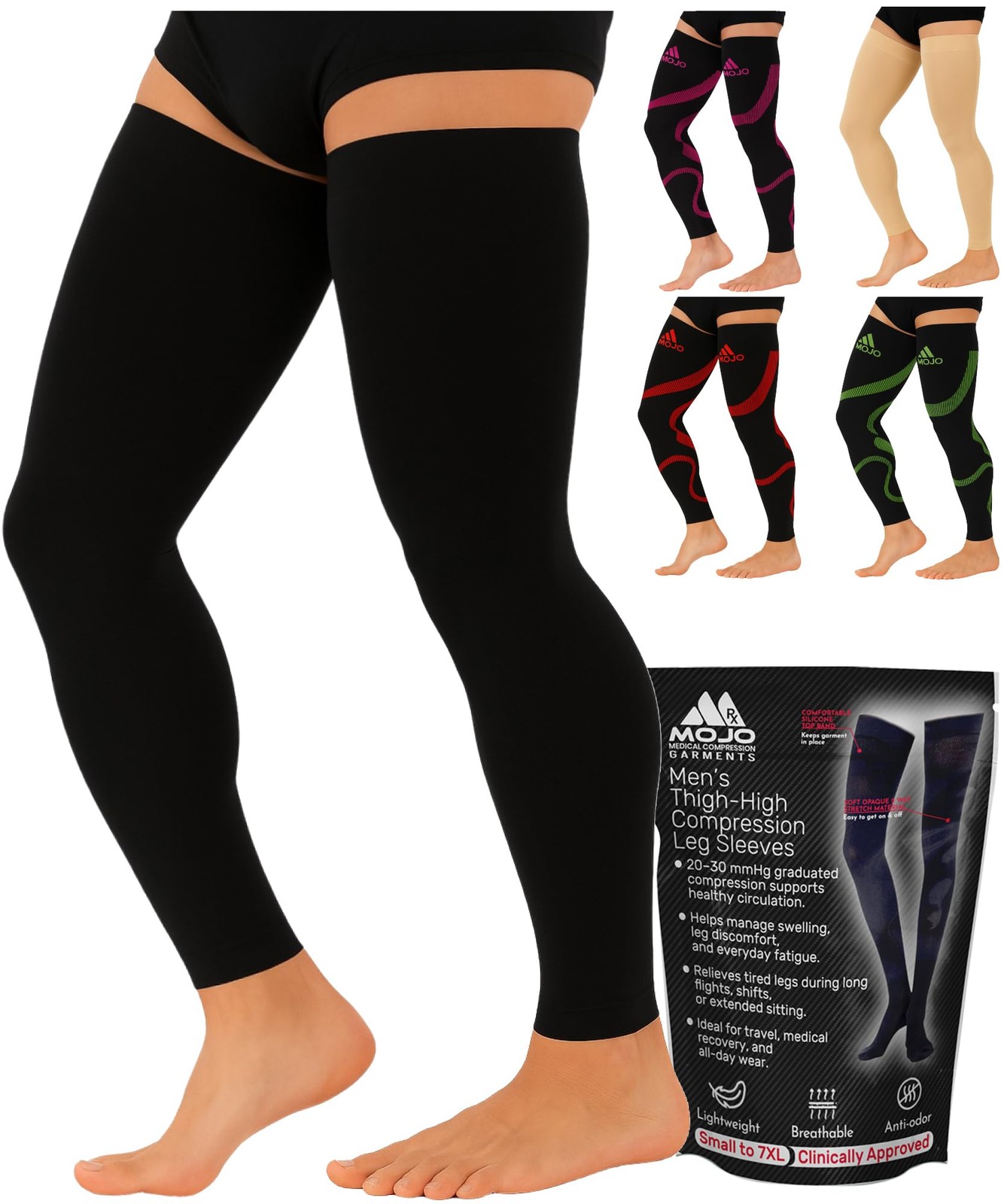 Mojo Men’s 20-30mmHg Thigh High Compression Sleeves with Grip 7X-Large, Black