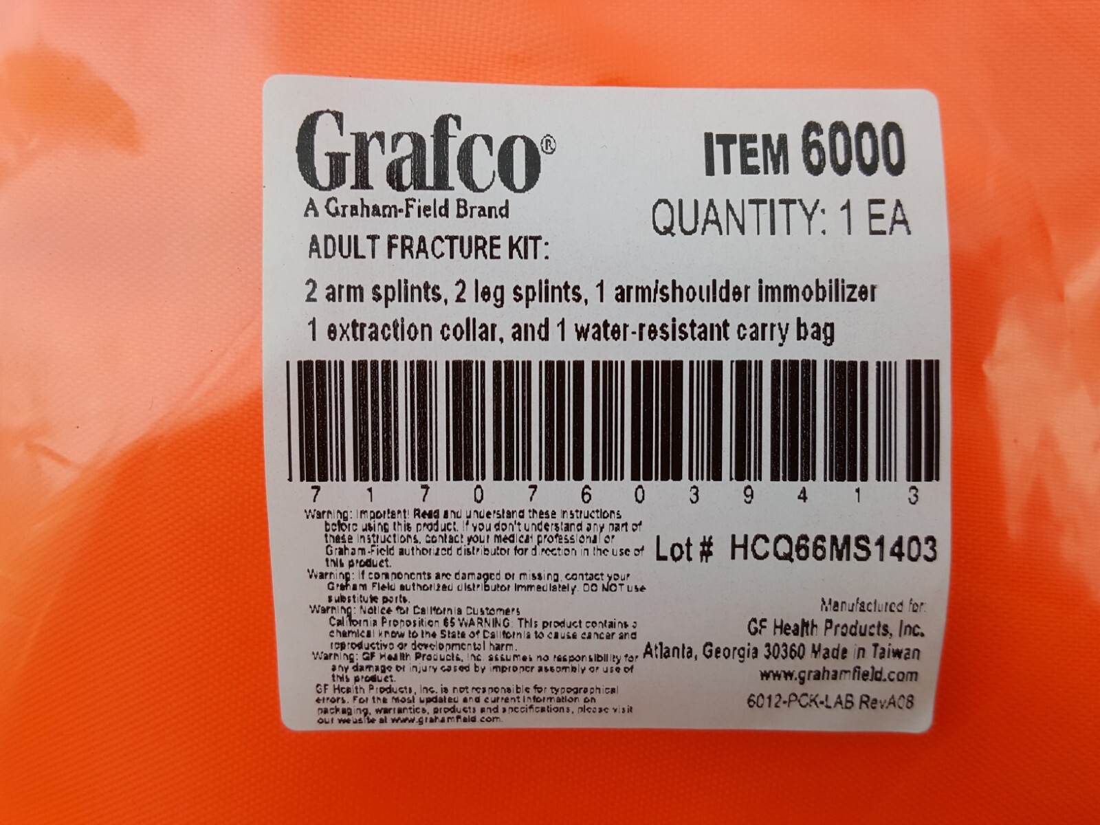 New Emergency Grafco Adult Fracture Kit 45-6000 great for hunting trips