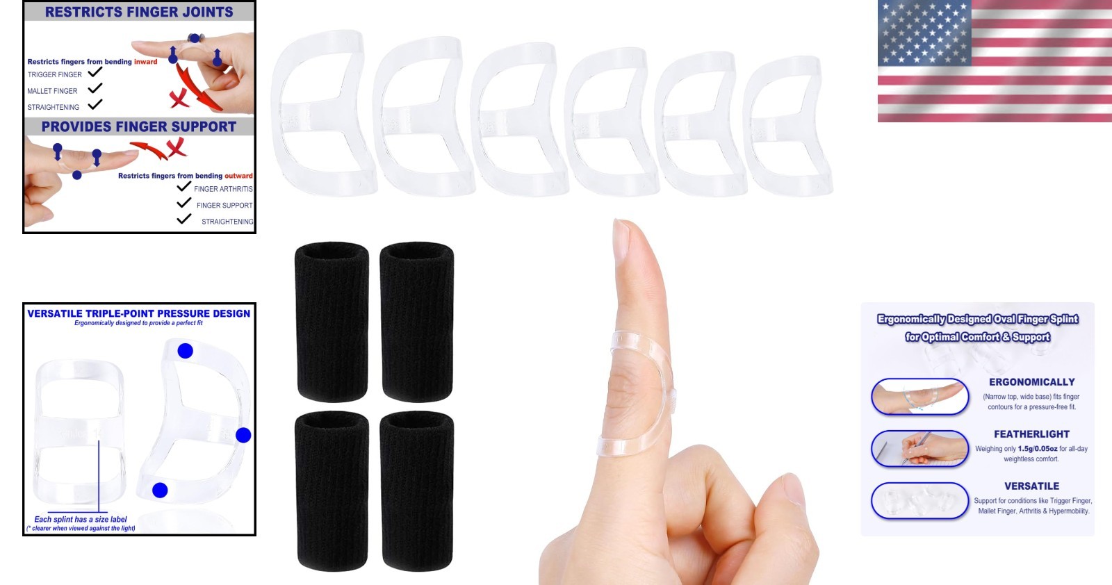 Lightweight Clear Finger Brace Kit: 6 Splints & 4 Sleeves for Arthritis Relief