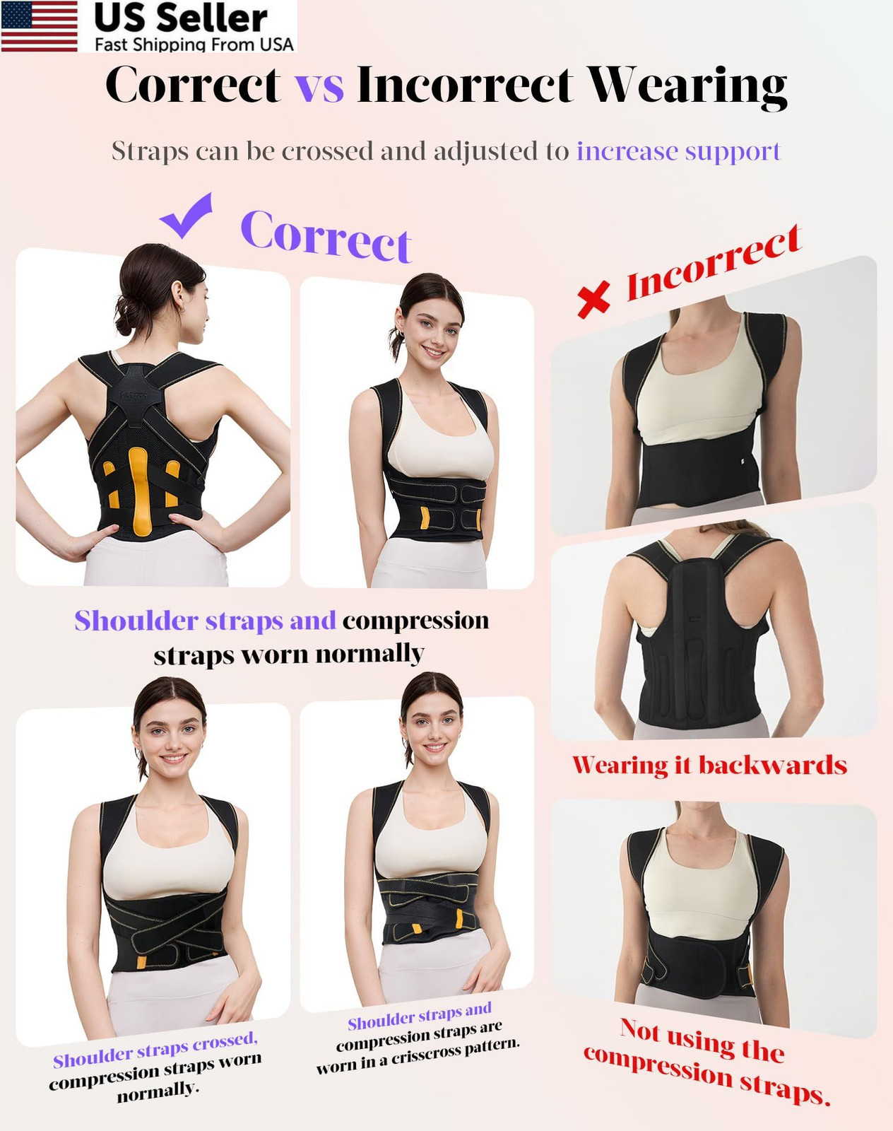 Posture Corrector for Women and Men, 5 Full Back Support Small, Black Yellow
