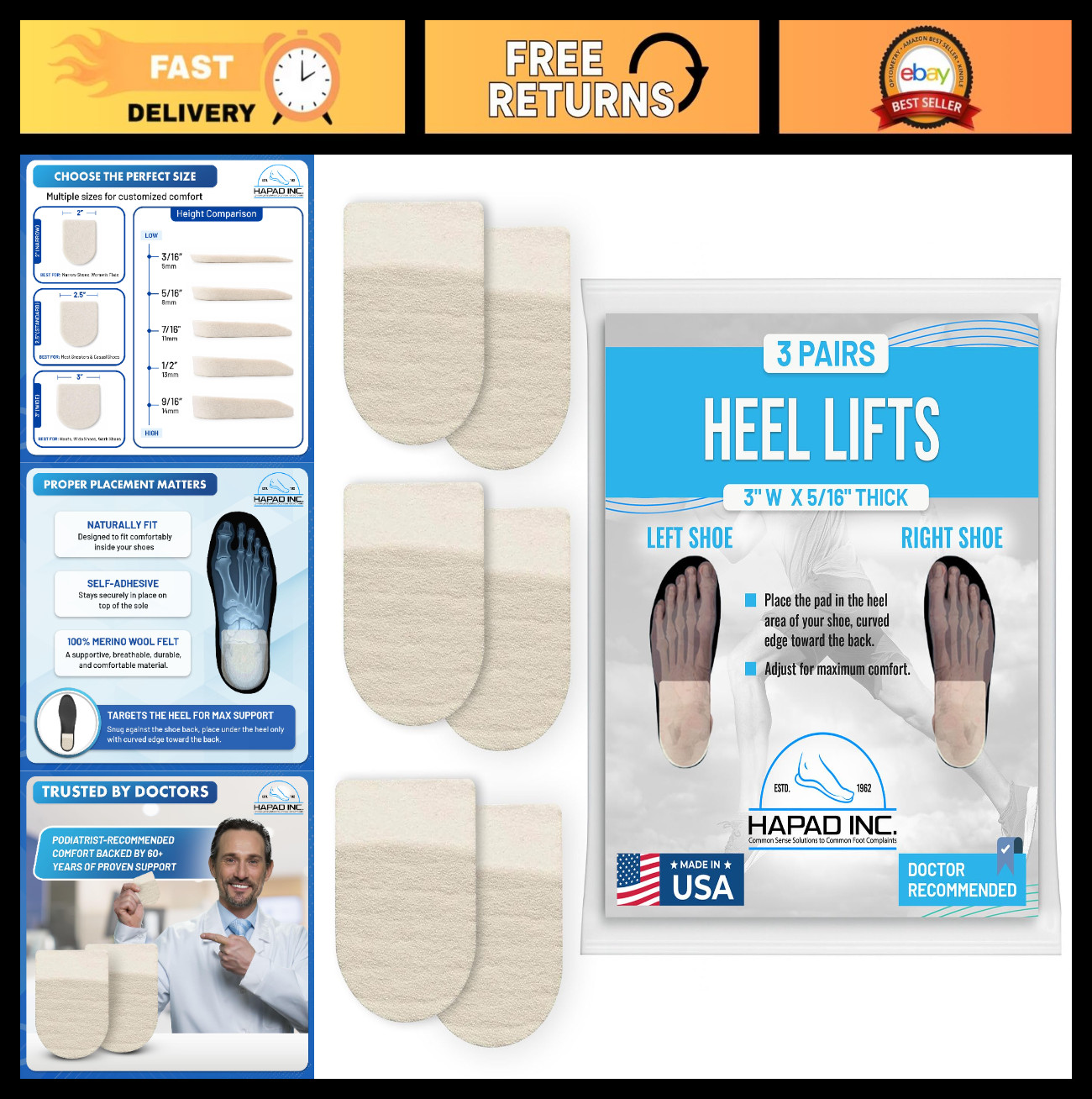 Heel Lift Inserts for Uneven Legs – 3 Pair Self-Adhesive Wool Felt Pads, Comfort