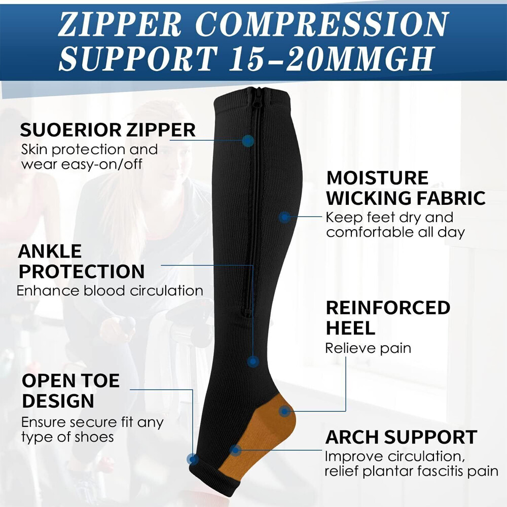 Zipper Open Toe Compression Socks 20-30mmHg Varicose Vein Arch Support Stocking