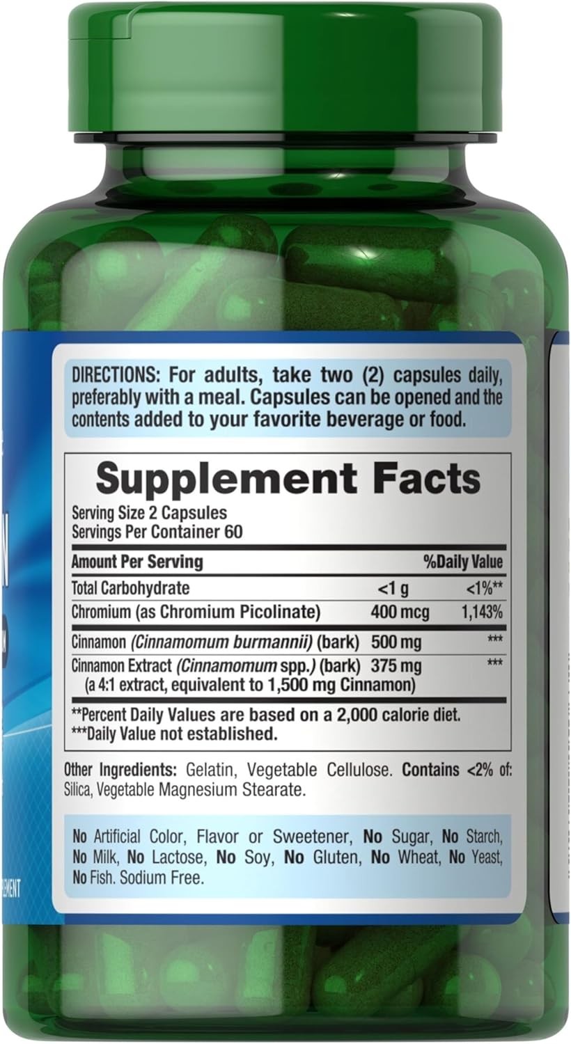 Natural Cinnamon Herbal Supplement w/ High Potency Chromium (120ct)