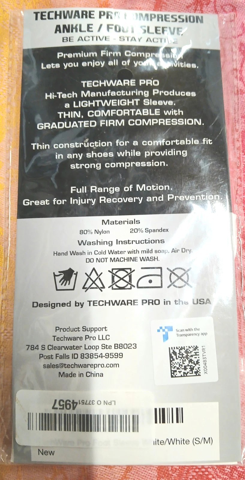 Techware Pro Compression Ankle Foot Sleeve Unisex Size S/M-NEW IN ORIGINAL PKG