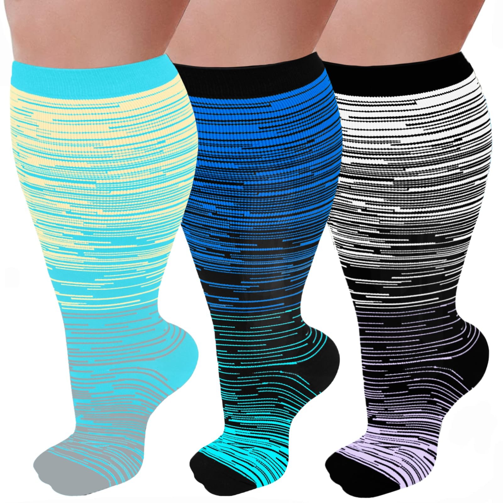 3 Pairs Plus Size 20-30mmhg Wide Calf Compression Socks for Women Men