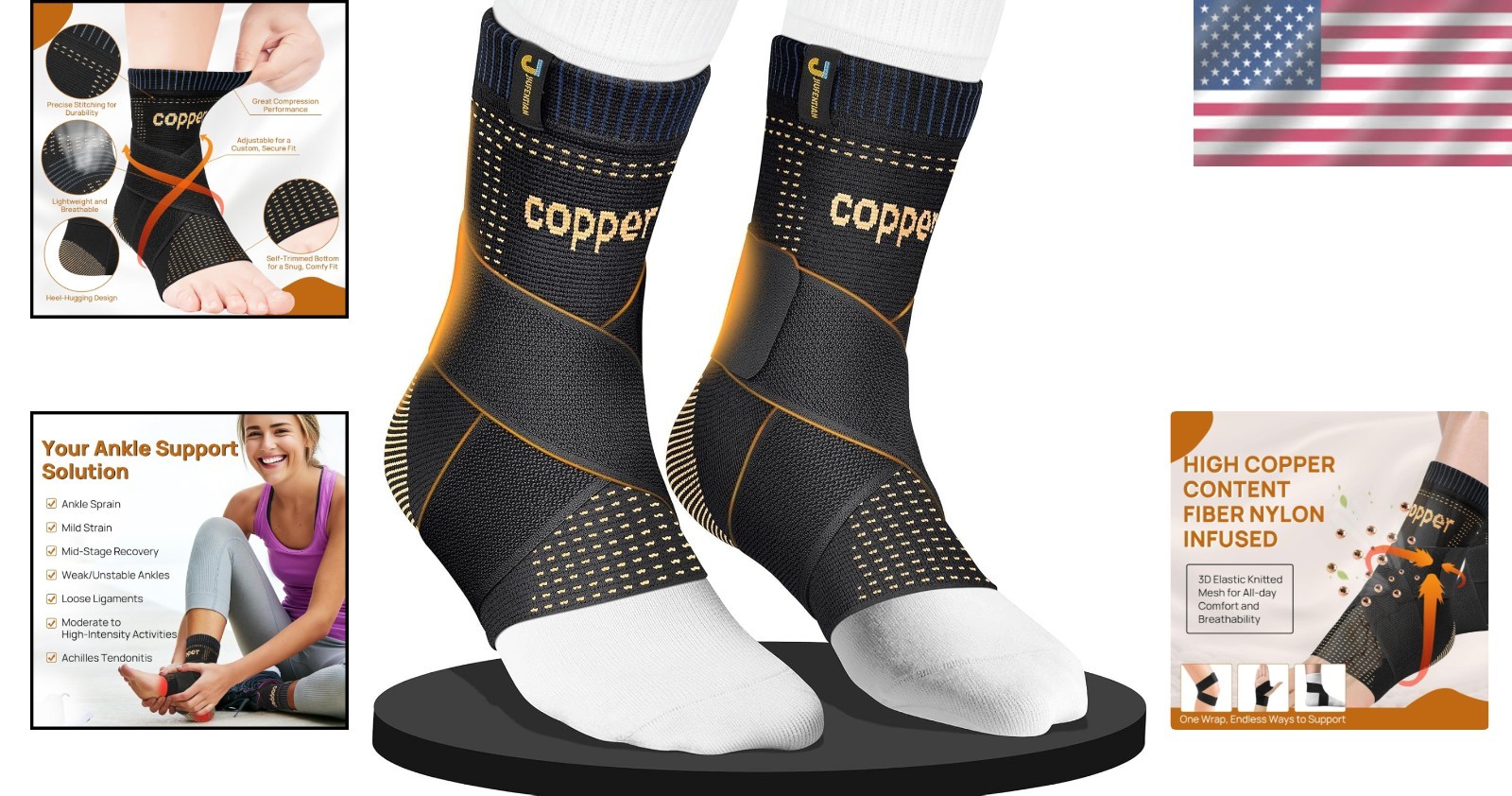 All-Day Adjustable Copper Ankle Support – Ideal for Sprains & Plantar Fasciitis