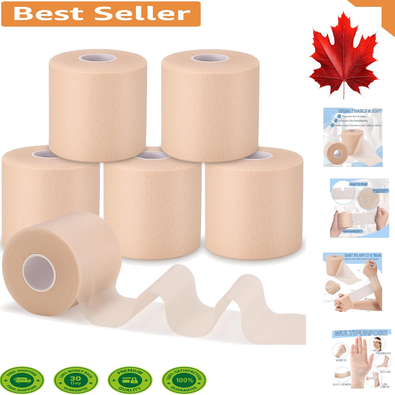 Elastic Pre-Wrap Athletic Tape for Versatile Body Support – Set of 5 Rolls