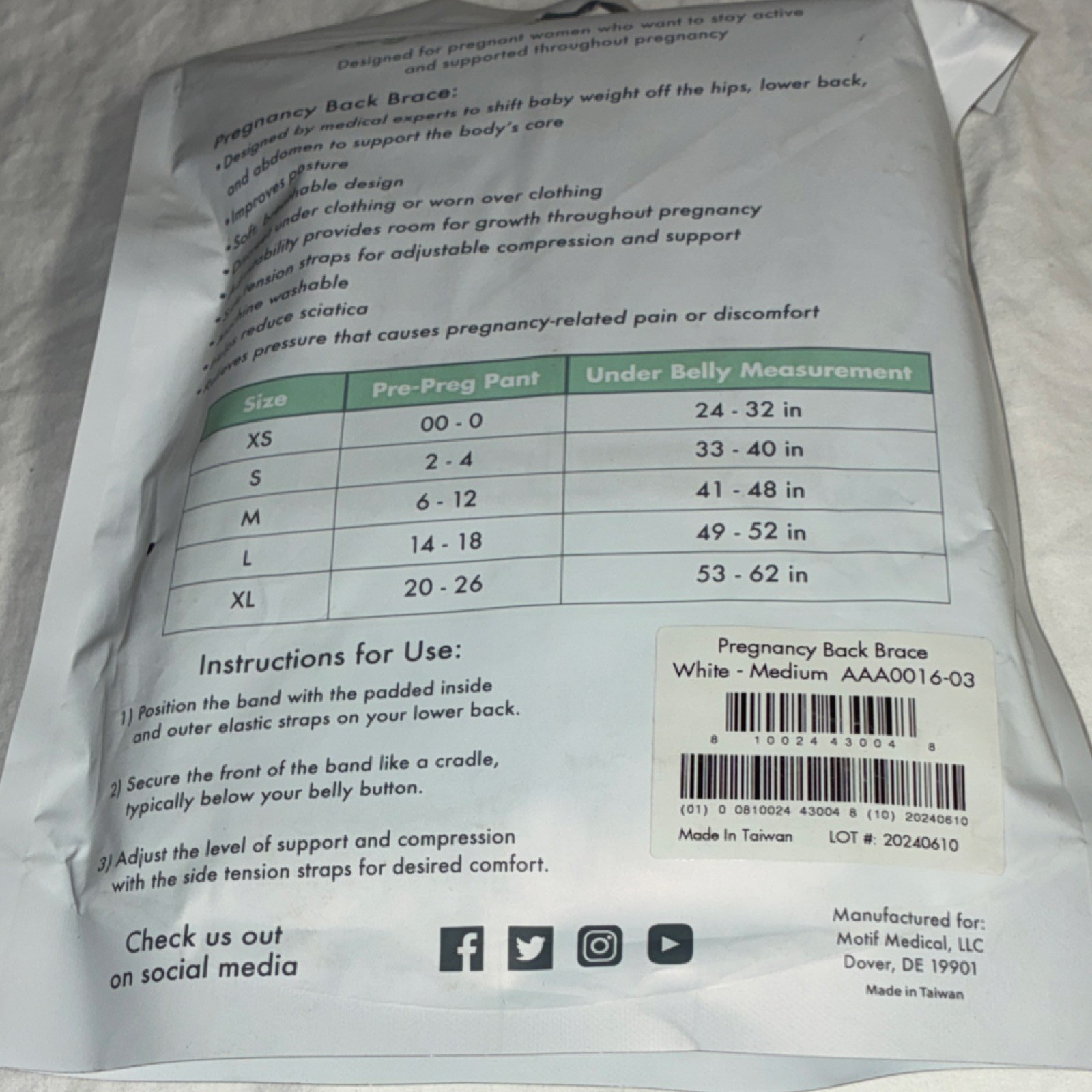 Motif Medical Pregnancy Back Brace Women’s Adjustable Support White M AAA0016-03