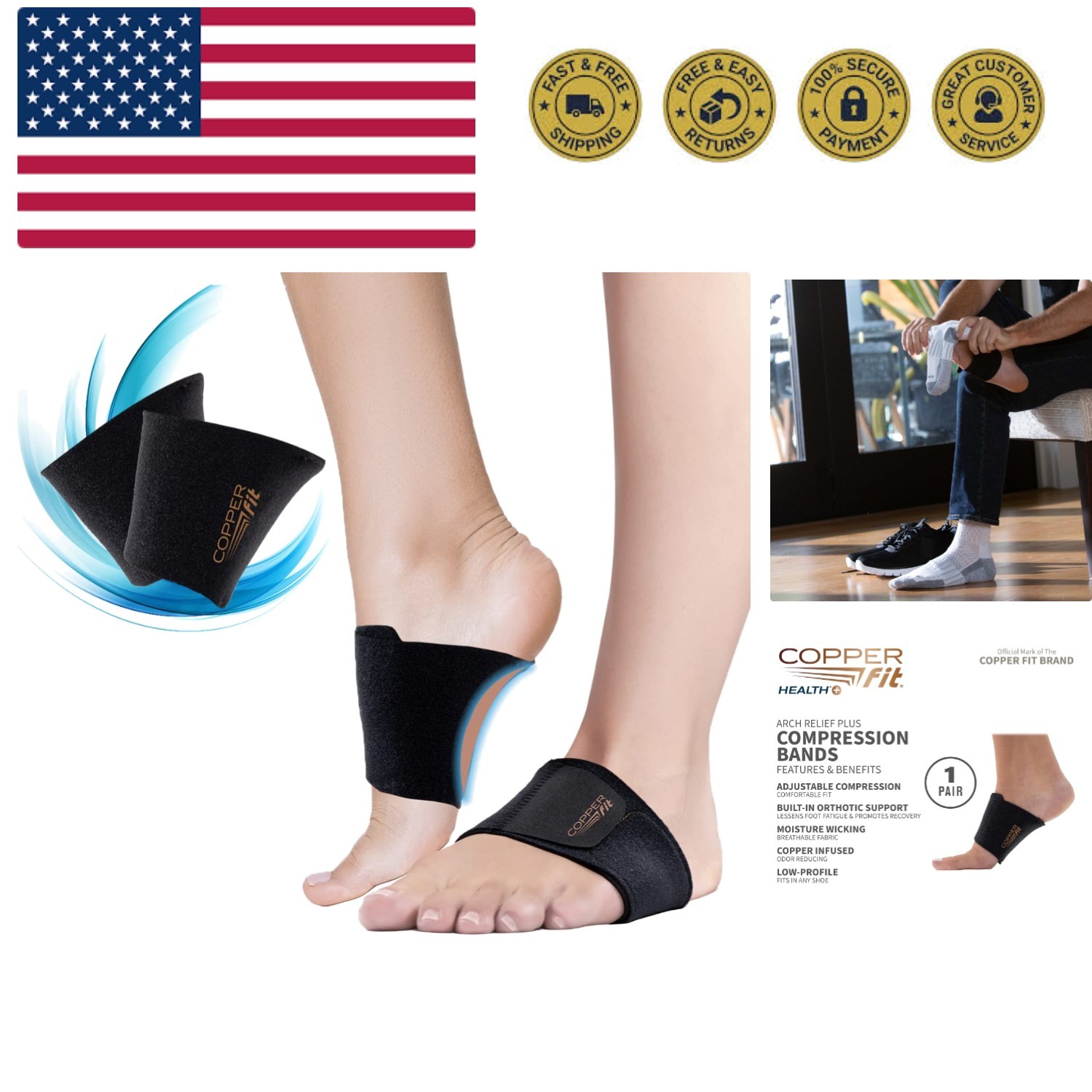CFACBP Health Unisex Arch Relief Plus with Built-In Orthotic Support, Black