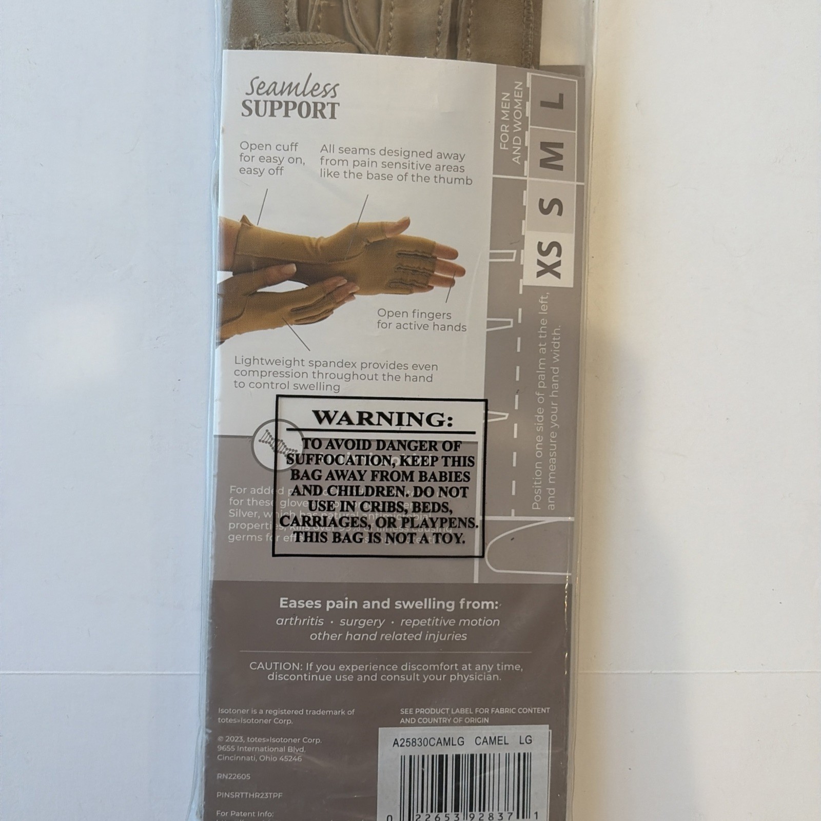 Isotoner Therapeutic Gloves Open Finger Camel Size Large Compression Pain Relief