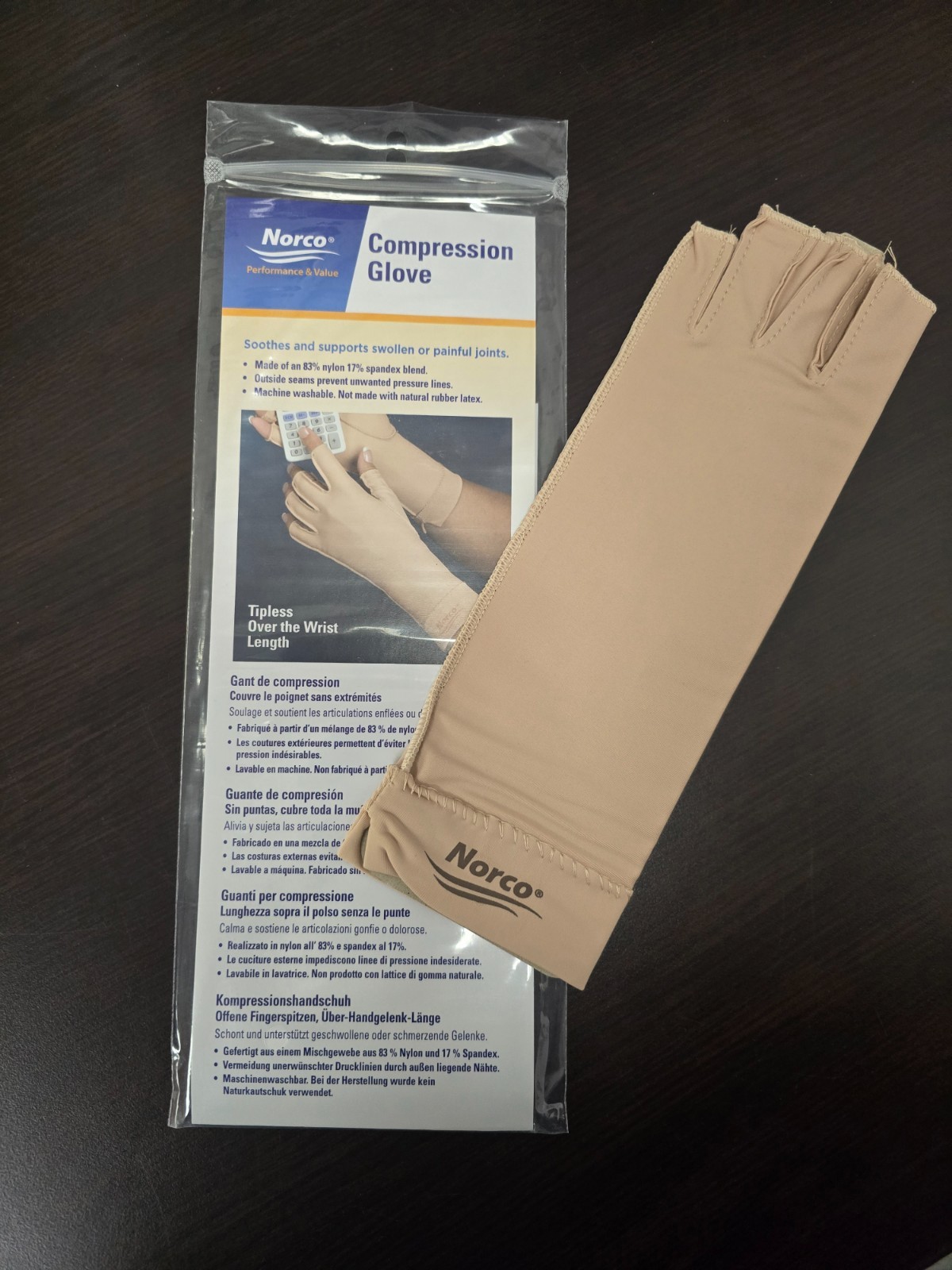 Norco Compression Glove – NEW Large LEFT Tipless Finger Over the Wrist Length