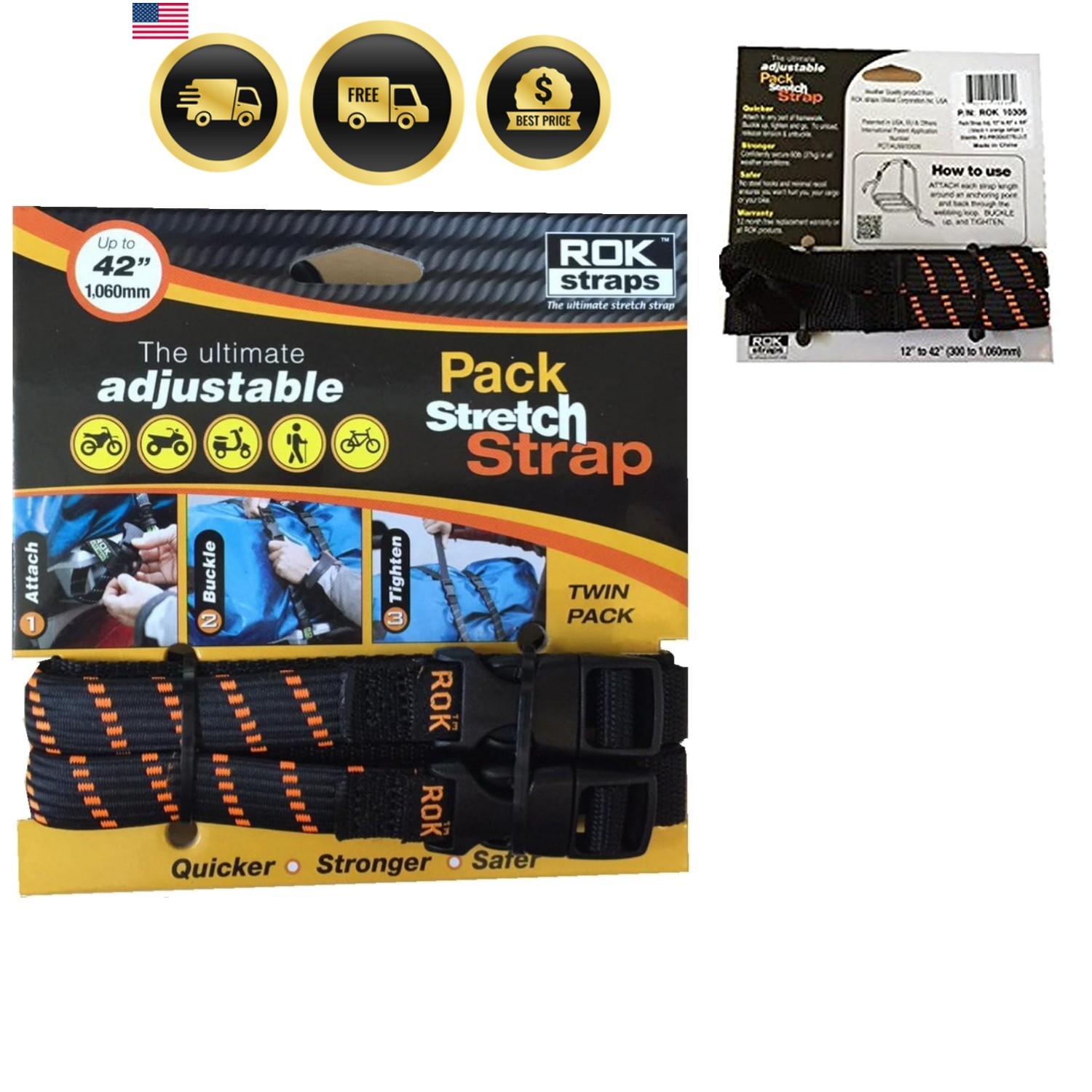 ROK-10306 Black/Orange 12″ – 42″ Pack Adjustable Stretch Strap