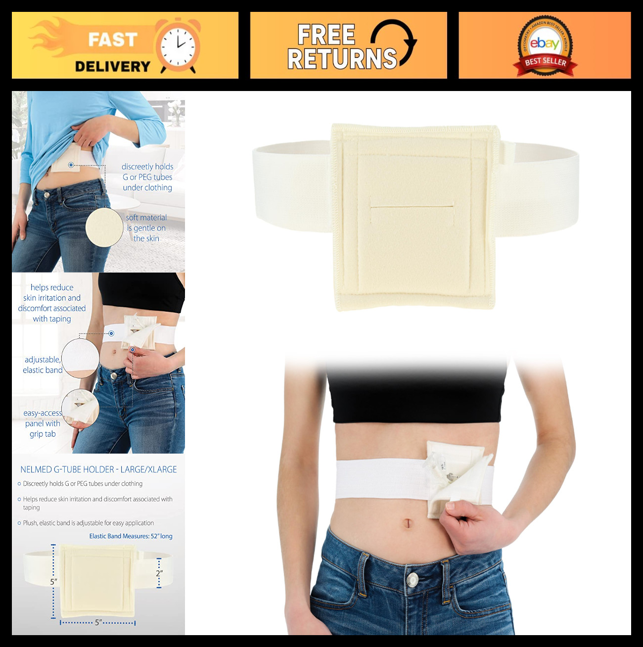 Adjustable Feeding Tube Holder for PEG, G, J Tubes – Discreet Belt Support, Larg