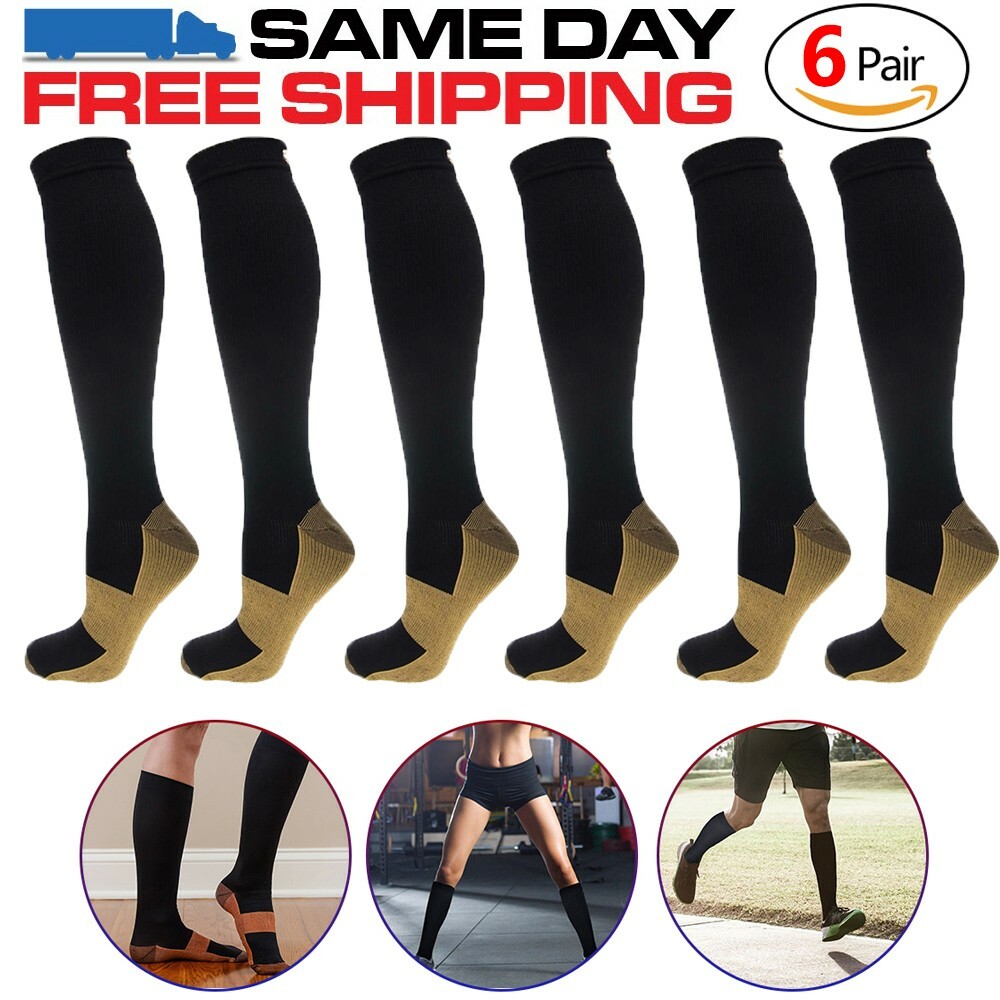 6 Pairs Compression Socks 20-30mmHg Graduated Men Women Sport Copper Socks S-XXL
