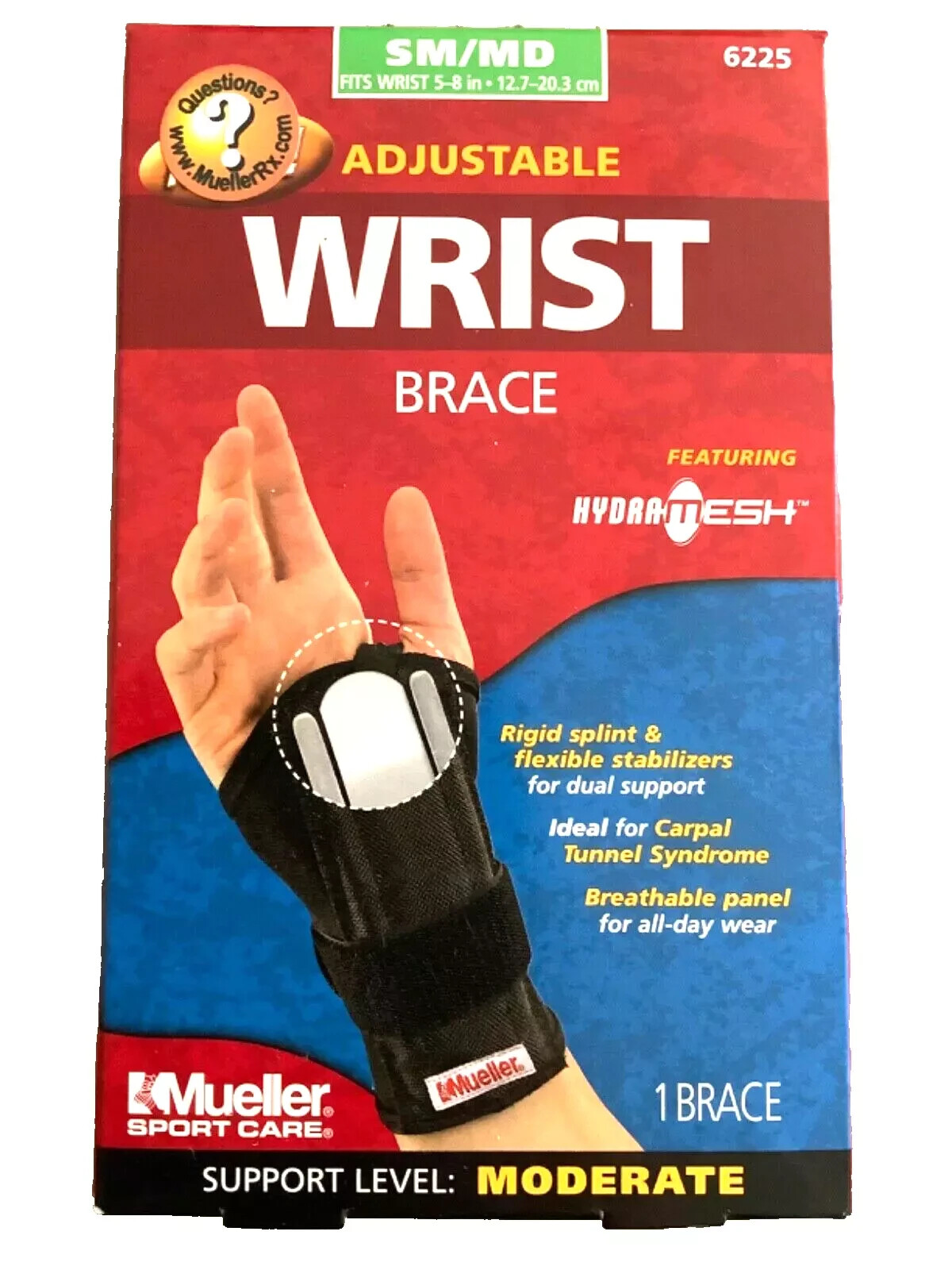 New! Mueller Reversible Wrist Brace with Splint Size Sm/Md Left or Right Black