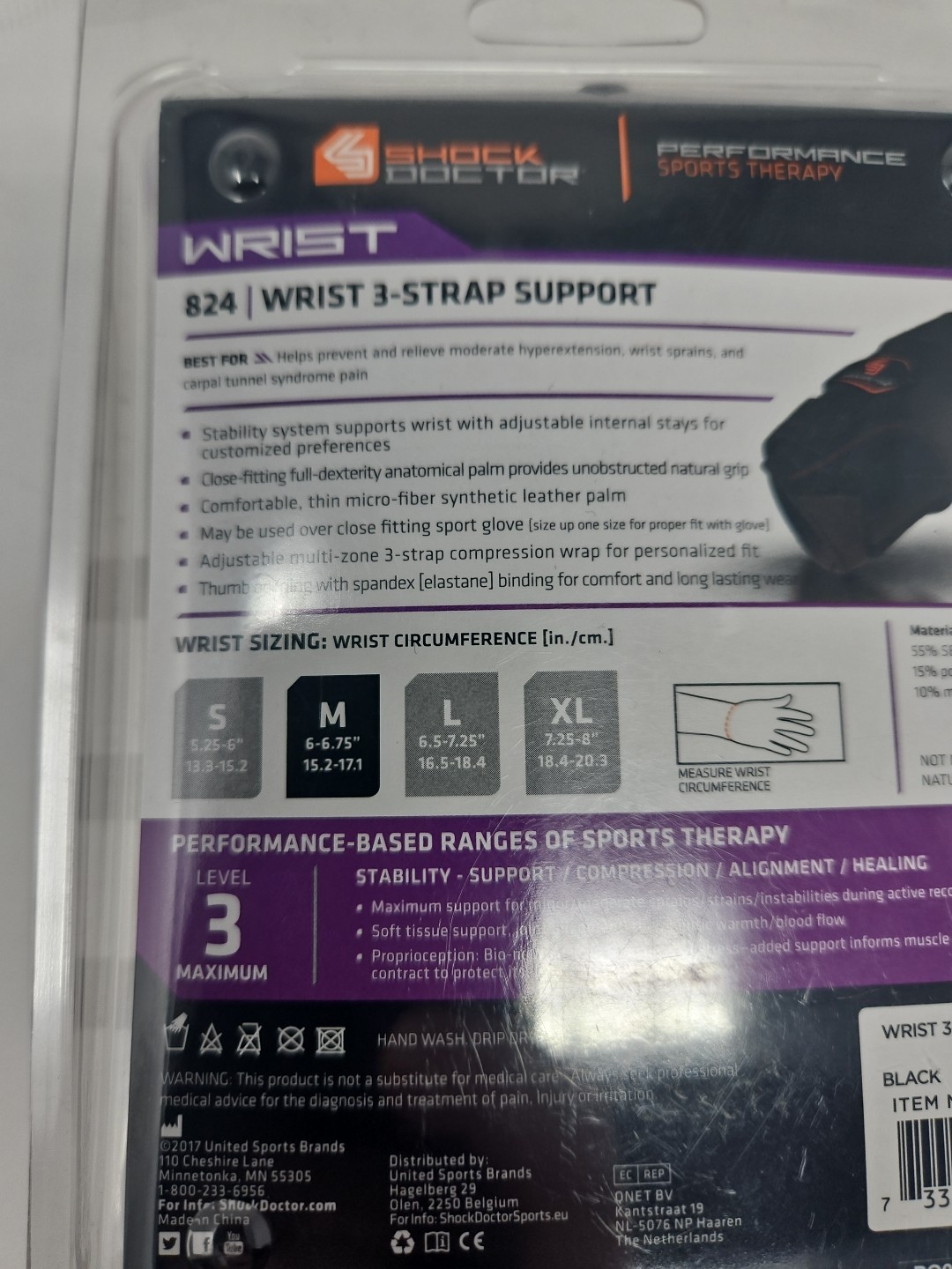 Shock Doctor 824 Wrist 3 Strap Support Left Size Medium Black Level 3