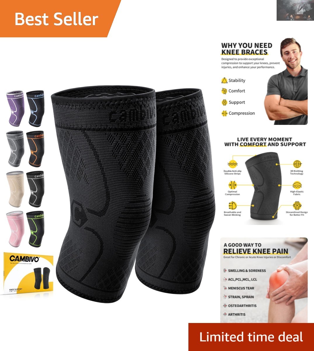 Ultra Comfy Compression Knee Sleeves – 2 Pack for Active Lifestyle, Medium Black