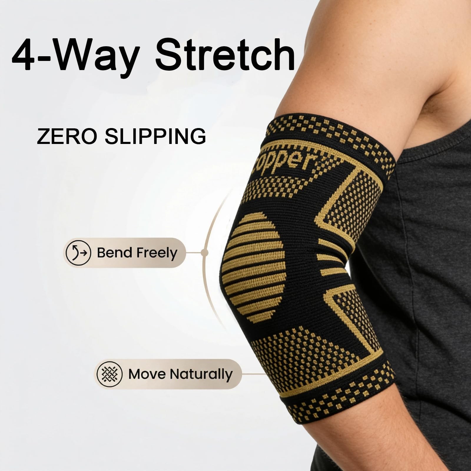 JIQUD Copper Elbow Compression Sleeve, Tennis Medium, Black-Copper