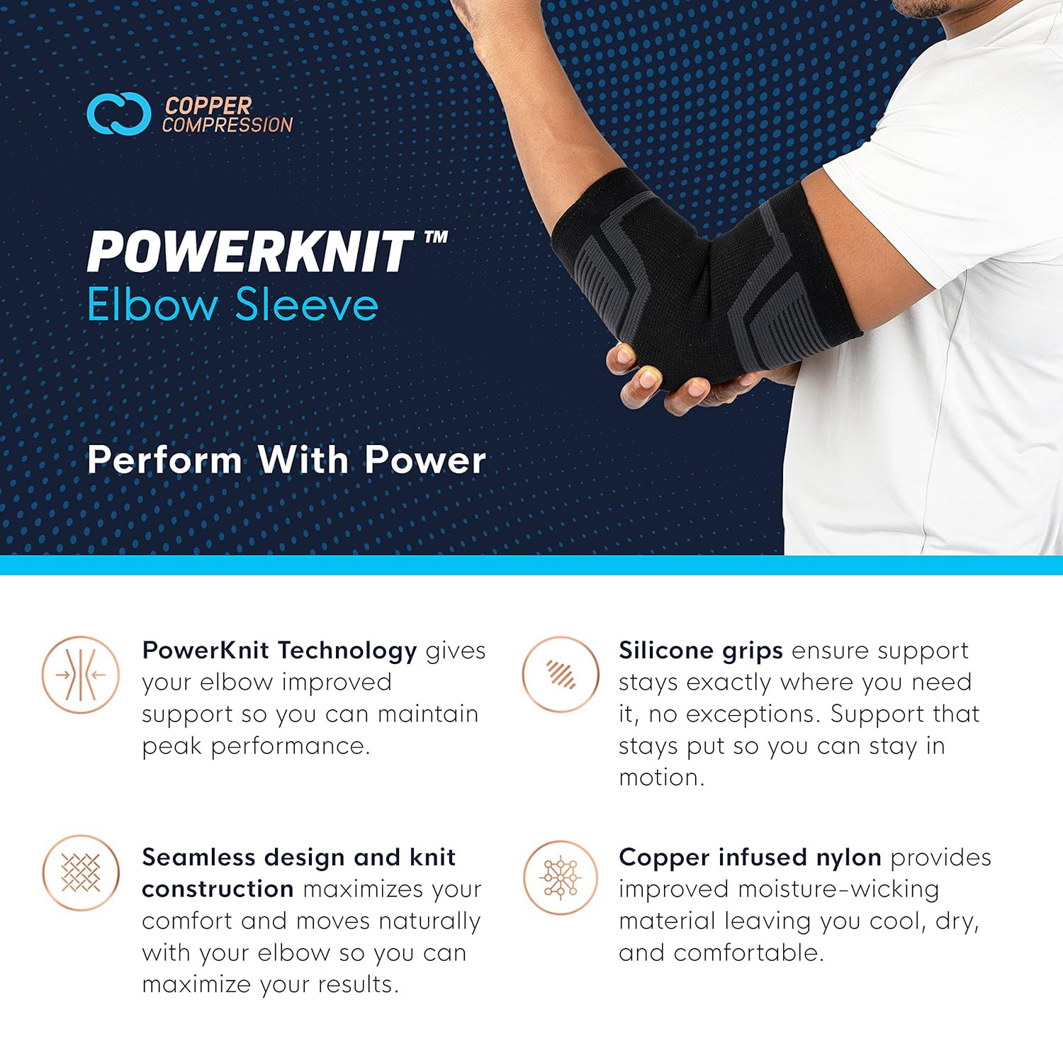 Codera PowerKnit de compresión de cobre – Codo sin costuras