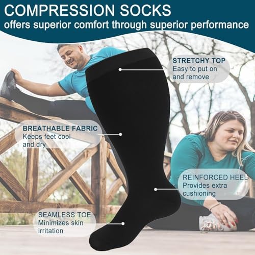 4 Pairs Plus Size Compression Socks,Extra Wide Calf 20-30 mmHg XX-Large Black