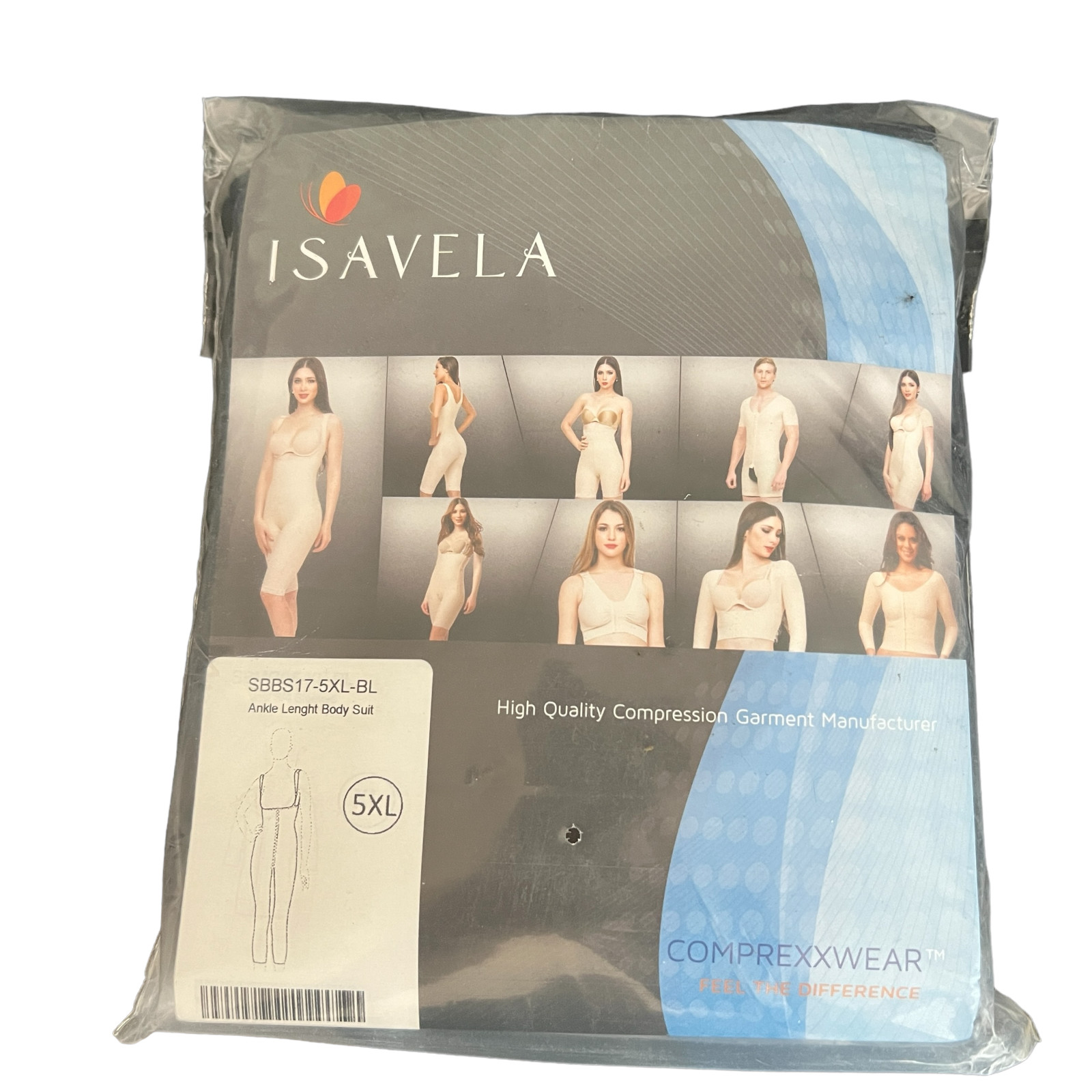 Isavela NEW SEALED 5XL Black Ankle Body Suit Compression Garment SBBS17-5XL-BL