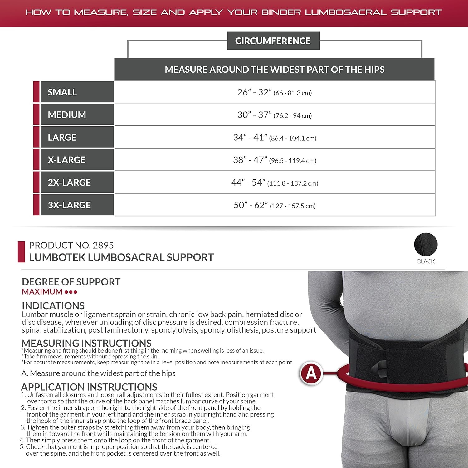 OTC Lumbosacral Support Elastic Back Brace Lumbotek 9″ Black Large