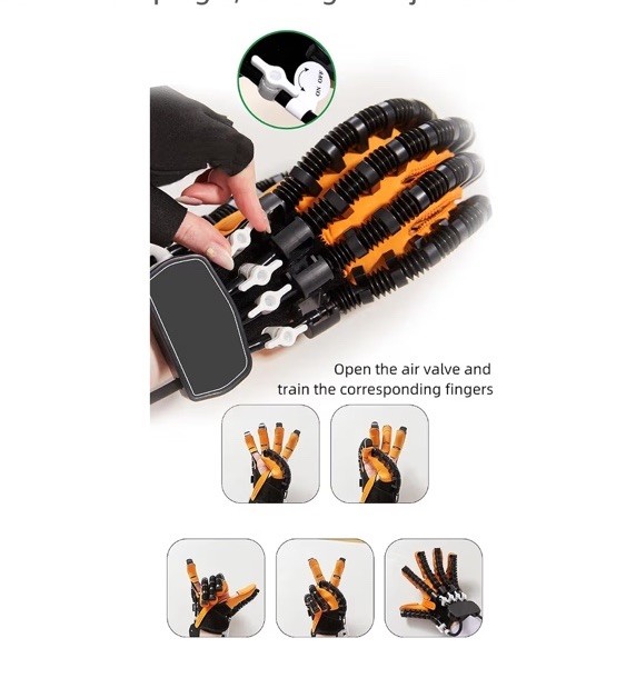 GENDOING XL Adjustable Robot Rehab Glove Right Hand Finger Training Black/Orange