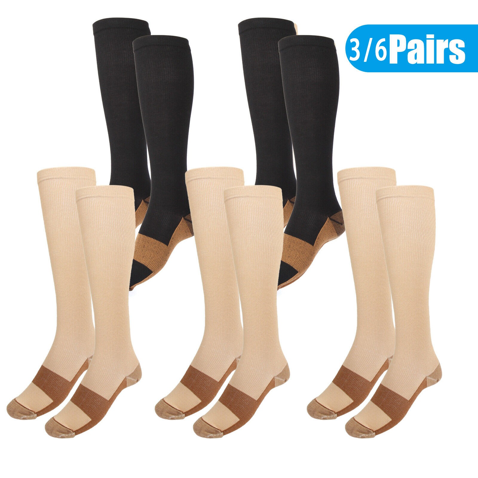 3 Pairs Medical Compression Socks for Women and Men 20-30 mmHg Knee High Socks