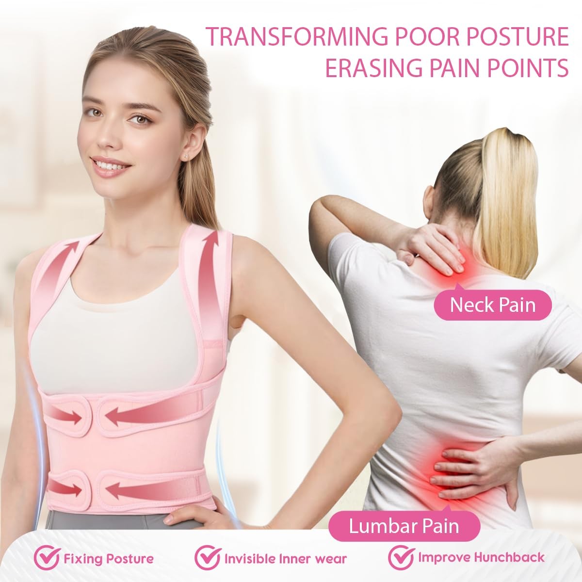 Posture Corrector for Women and Men,Adjustable Full Back Brace Medium, Pink