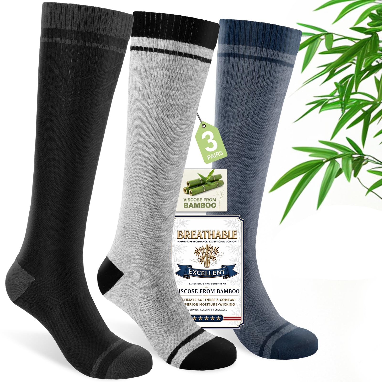Bamboo Viscose Compression Socks for Women & Men (3 Pairs) 15-20 mmHg Knee Hi…