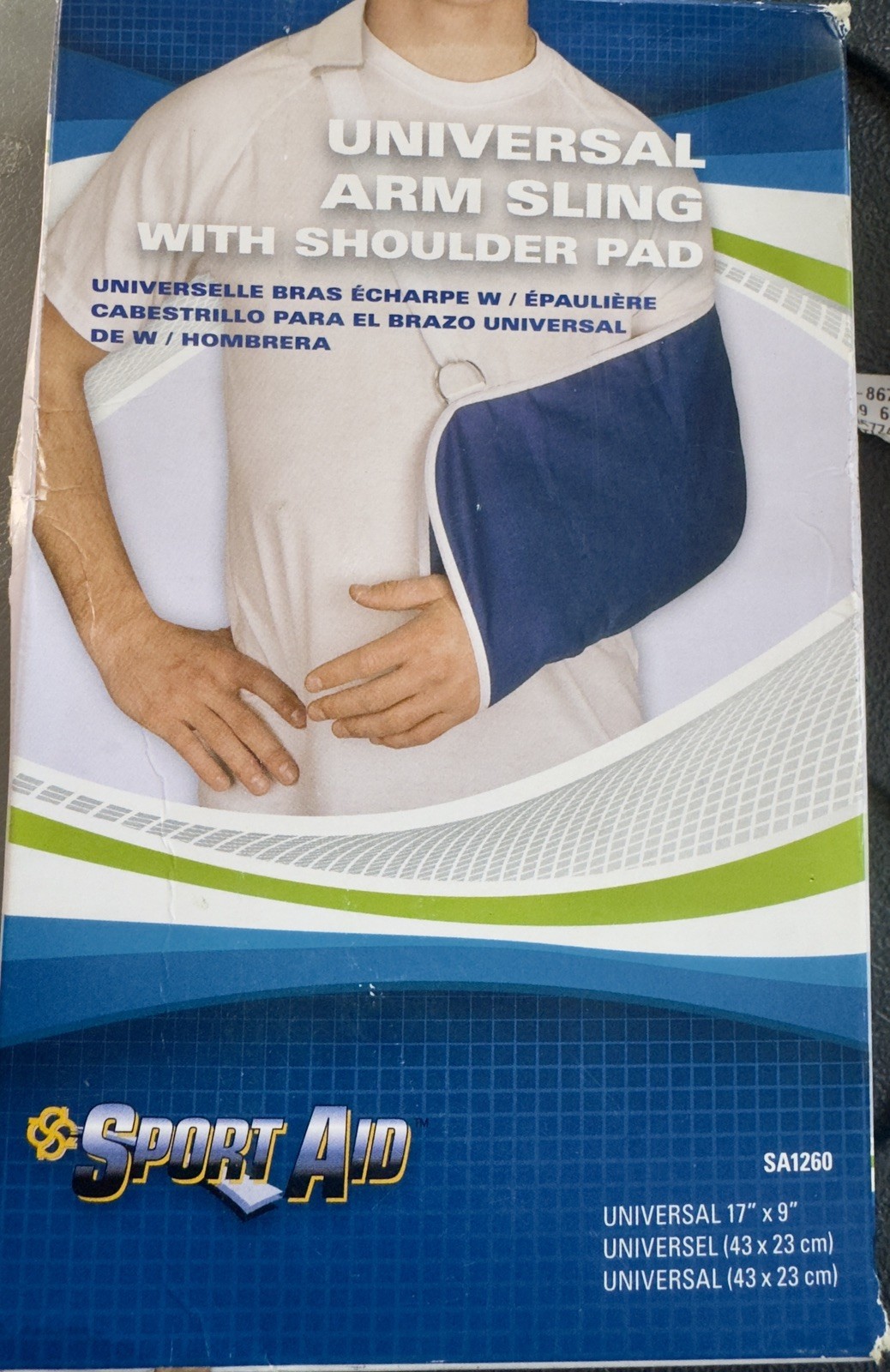 Sport Aid Universal One Size 17″- 9″ Arm Sling With Shoulder Pad. New with box.