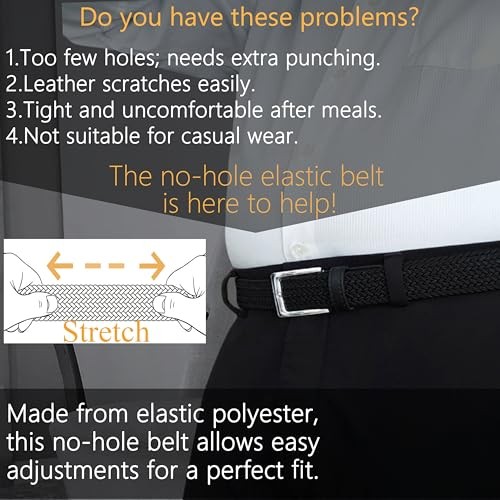 Elastic Braided XS Waist Adjustable:33″-37″ (42″ Length) Blackc Silvery Buckle